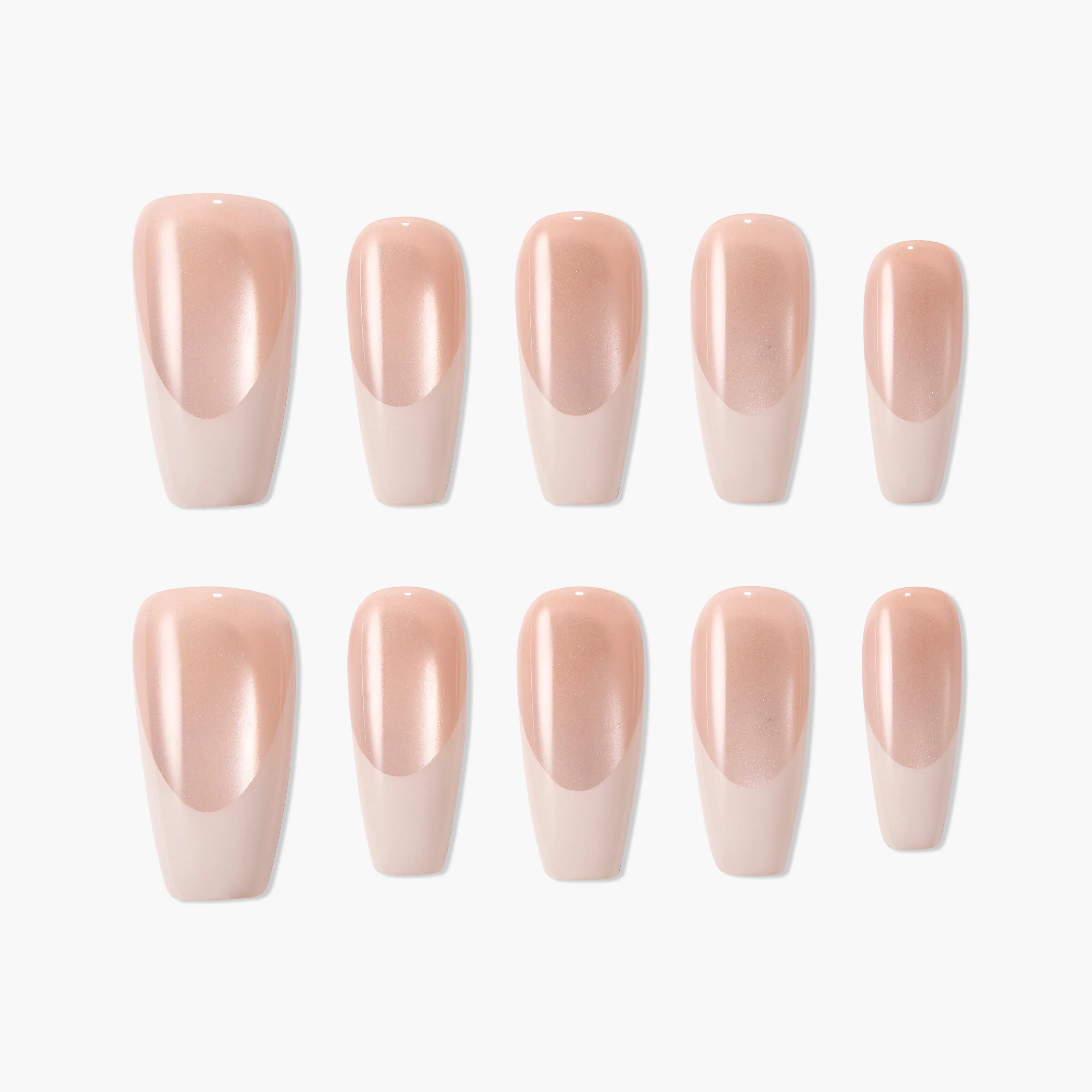 Set of glossy nude pink handmade press-on nails arranged on a white background.