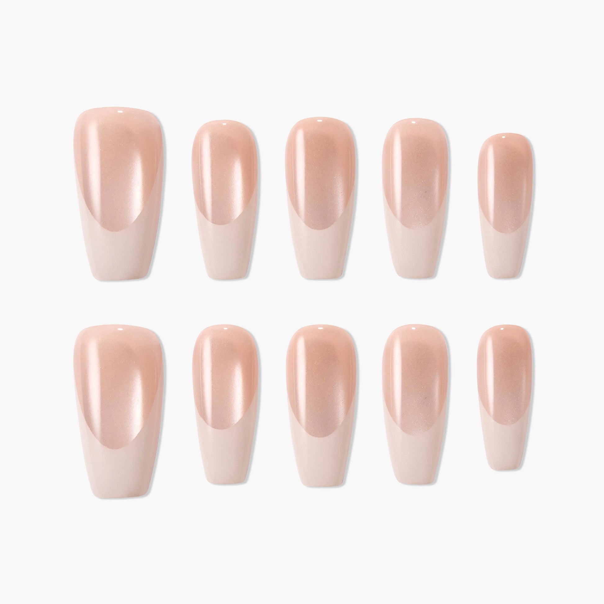 Set of glossy nude pink handmade press-on nails arranged on a white background.