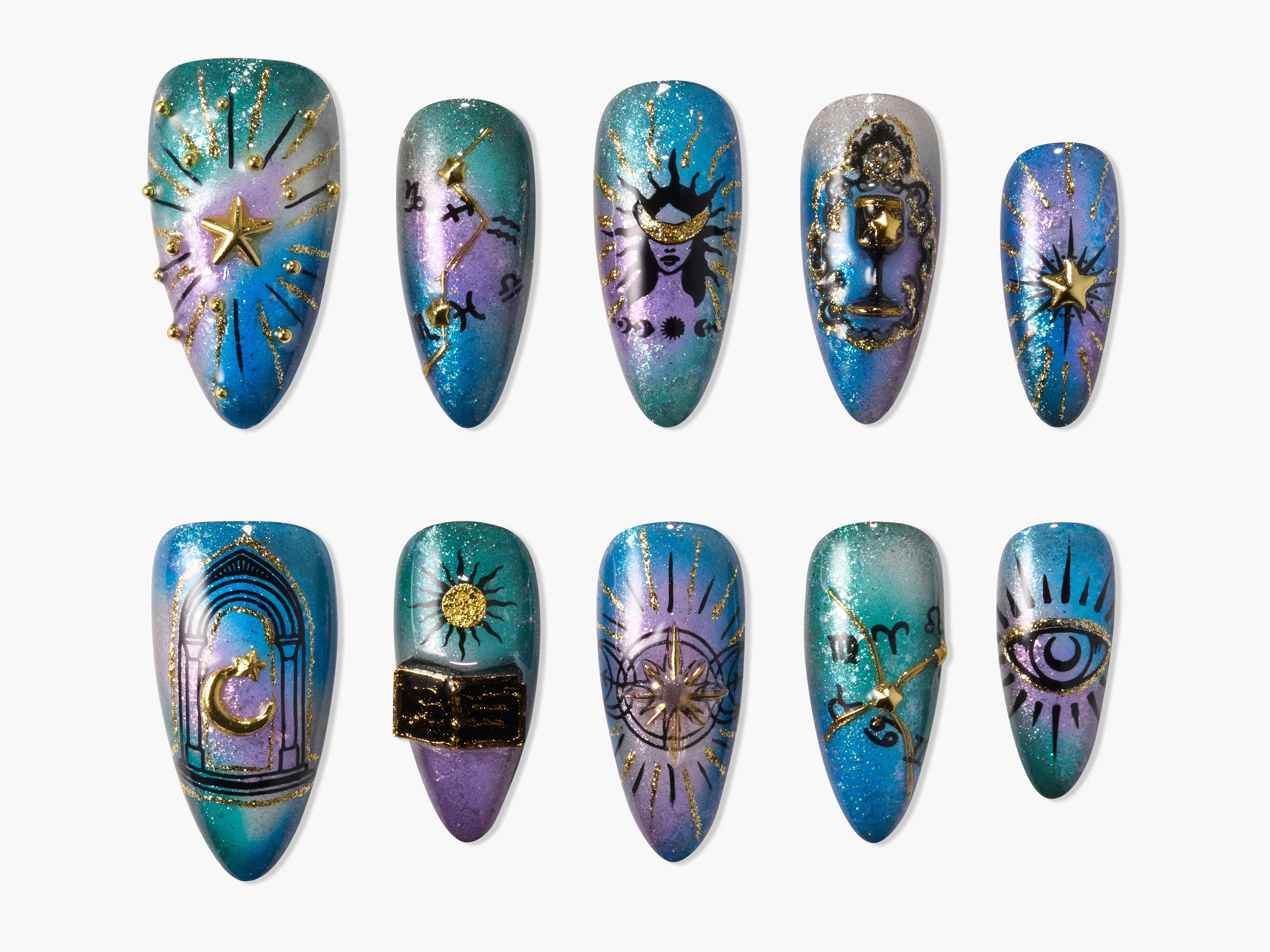 Handmade press-on nails with purple-blue ombre, celestial and zodiac designs, gold accents