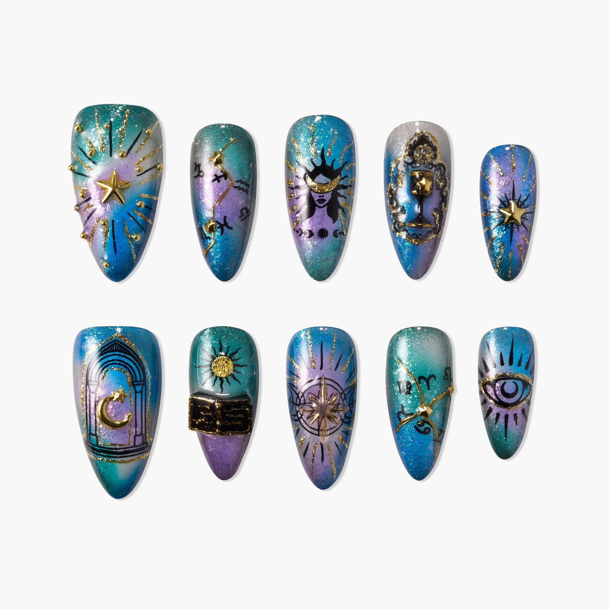 Handmade press-on nails with purple-blue ombre, celestial and zodiac designs, gold accents