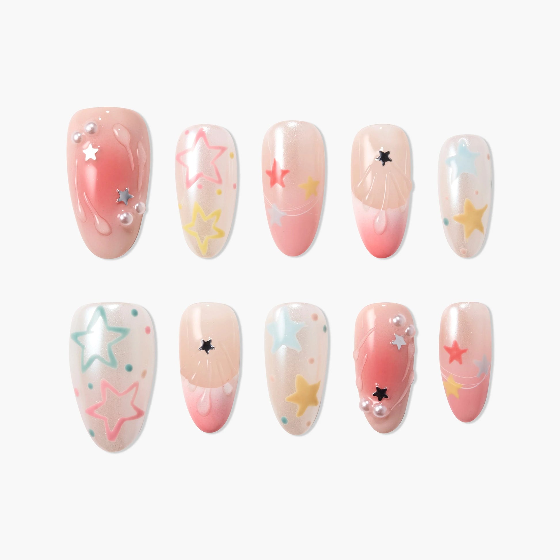 Colorful star-themed handmade press-on nails with pearls and pastel gradient designs