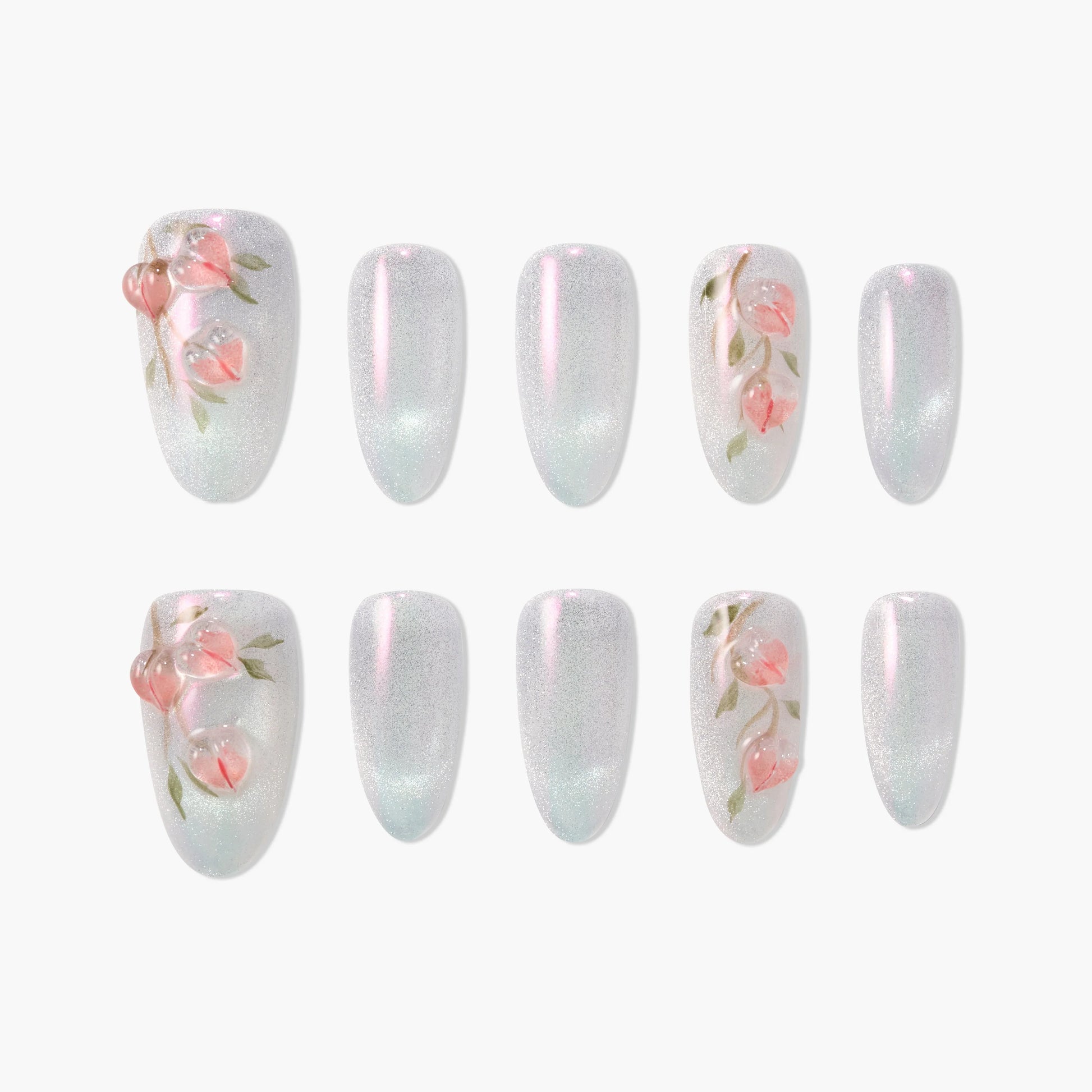 Handmade press-on nails with pearl shimmer and 3D pink floral design, set of ten