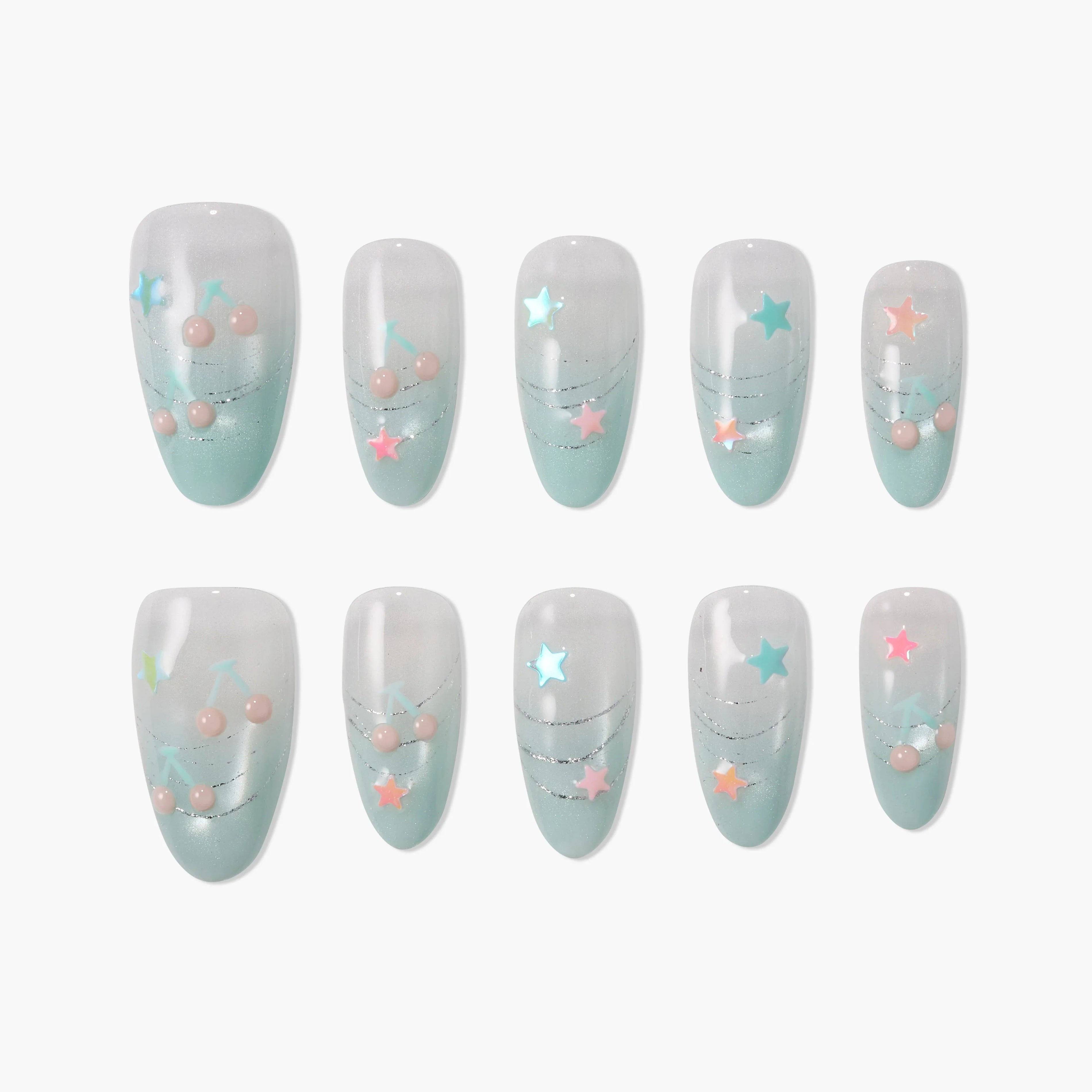 Handmade press-on nails with pastel blue tips, star decals, and pink bead accents
