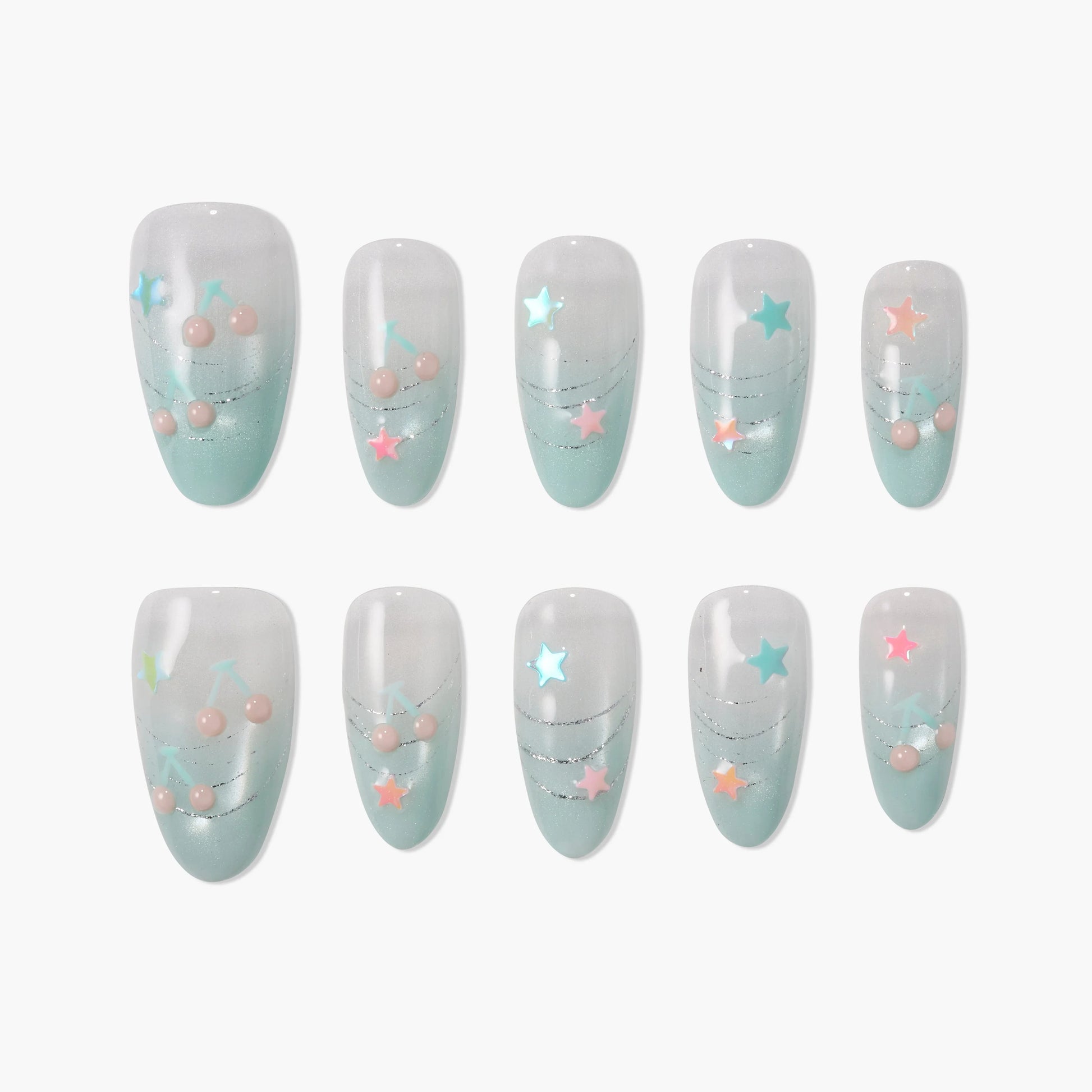 Handmade press-on nails with pastel blue tips, star decals, and pink bead accents