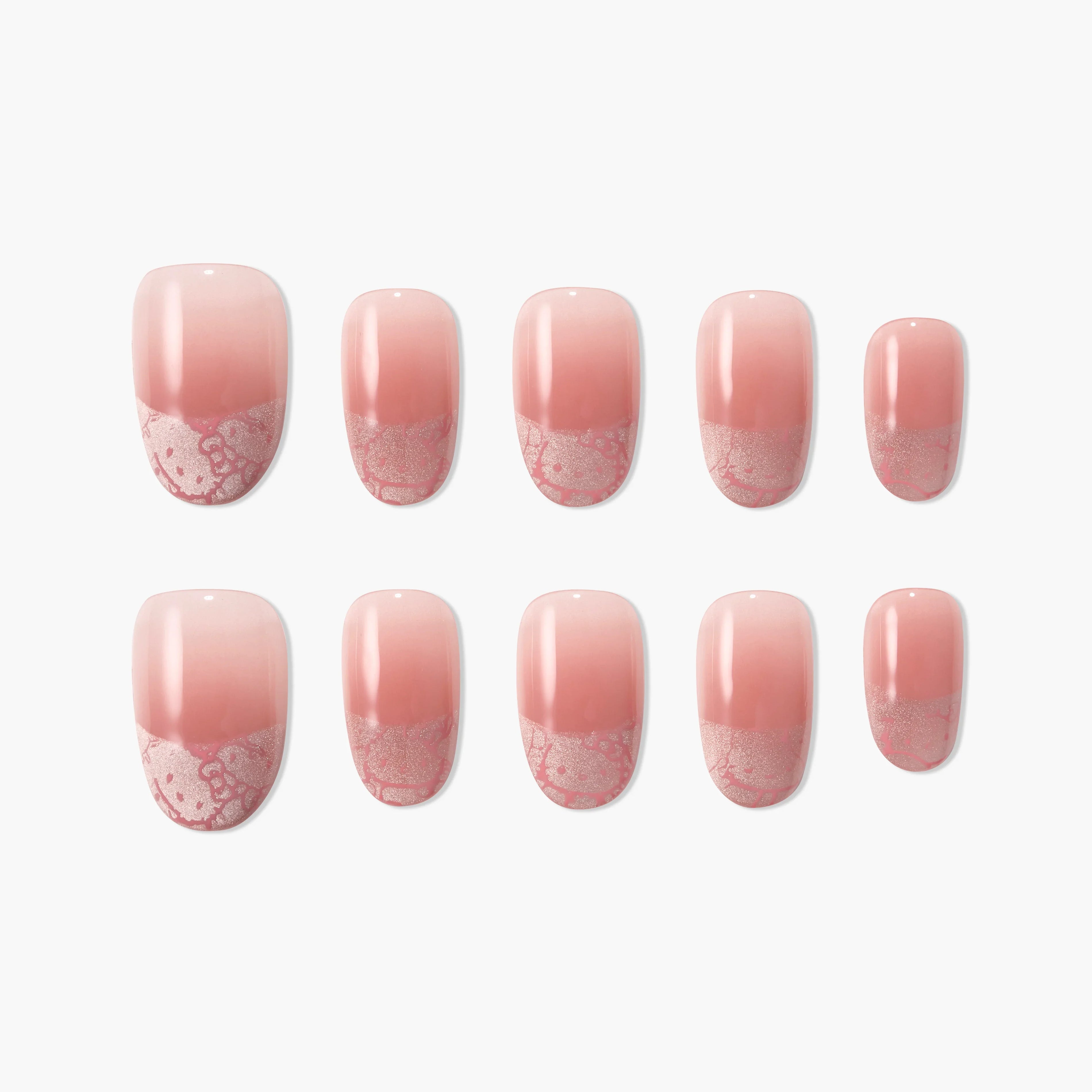 Handmade pink ombre press-on nails with silver lace pattern, glossy finish, set of ten