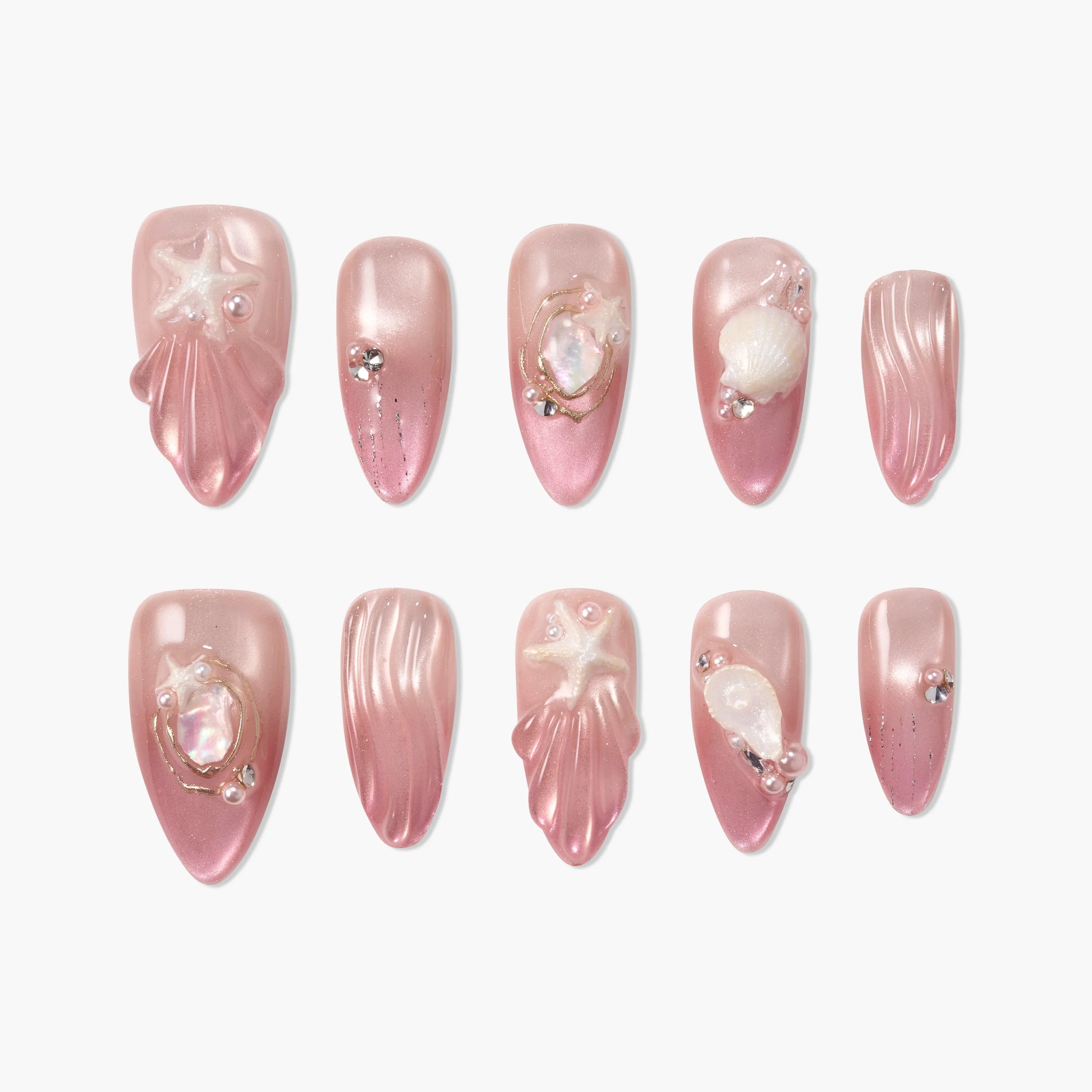 Pink seashell-themed press-on nails with pearl and starfish 3D accents, arranged on white background.