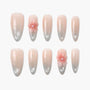 Pink and silver ombre press-on nails with glitter and 3D flower accent design