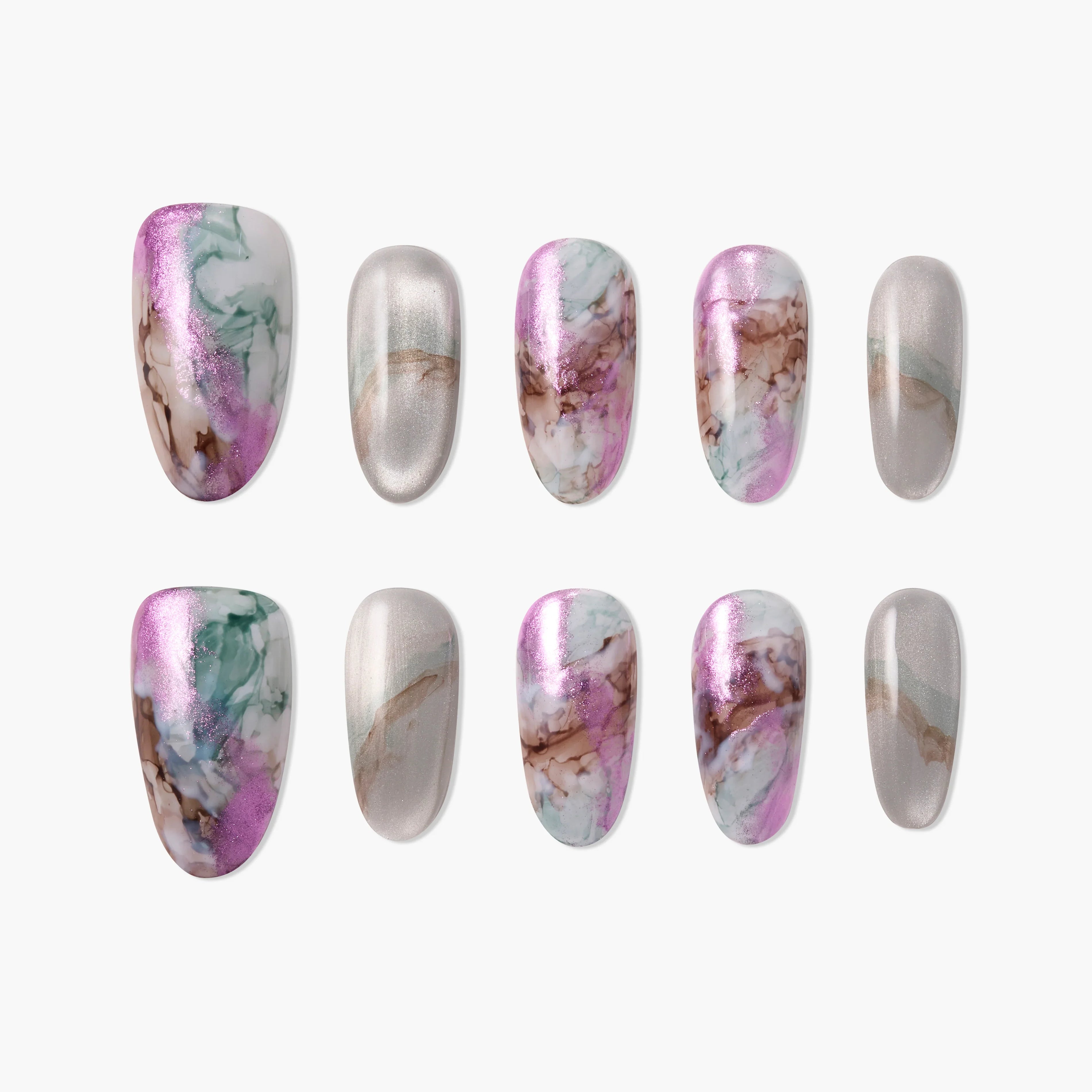 Set of handmade press-on nails with marble design in pink, green, and metallic silver.