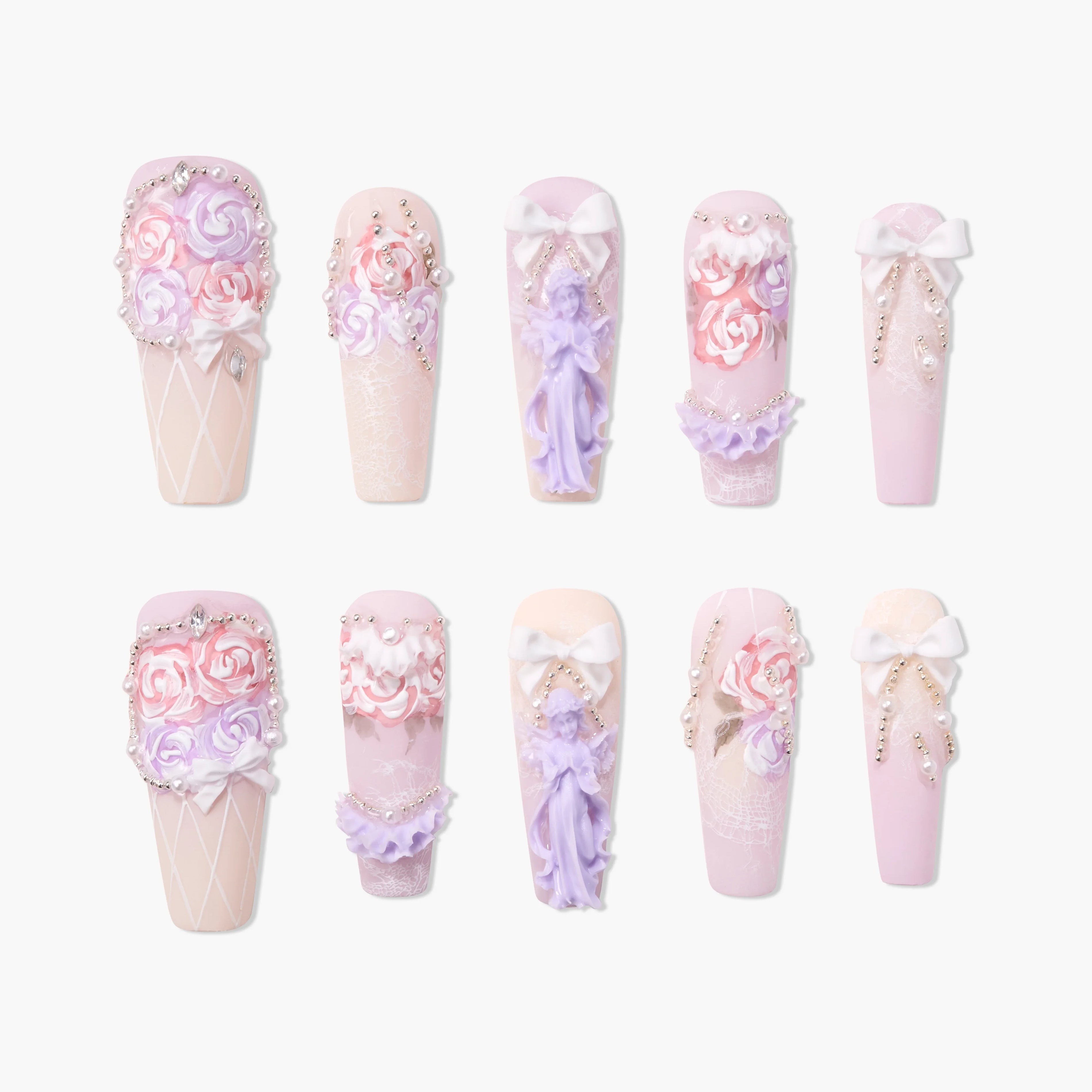 Pastel press-on nails with 3D floral designs, bows, rhinestones, and lace accents
