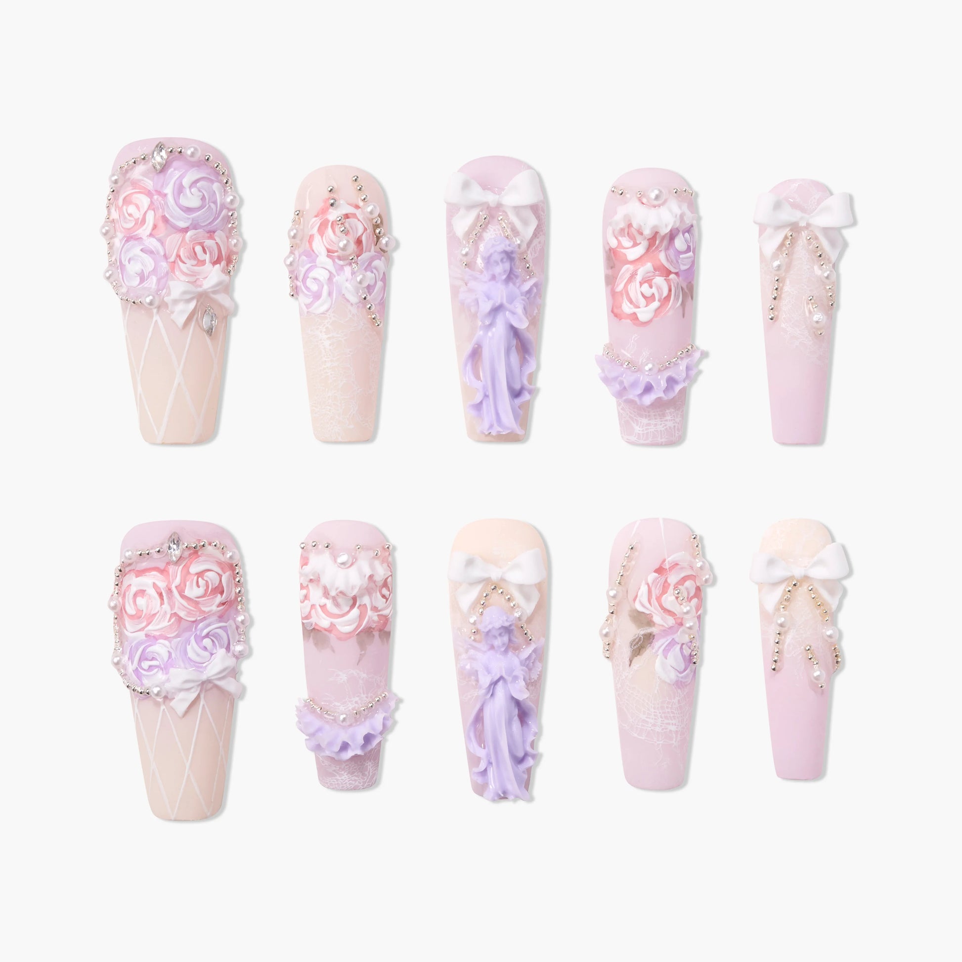 Pastel press-on nails with 3D floral designs, bows, rhinestones, and lace accents