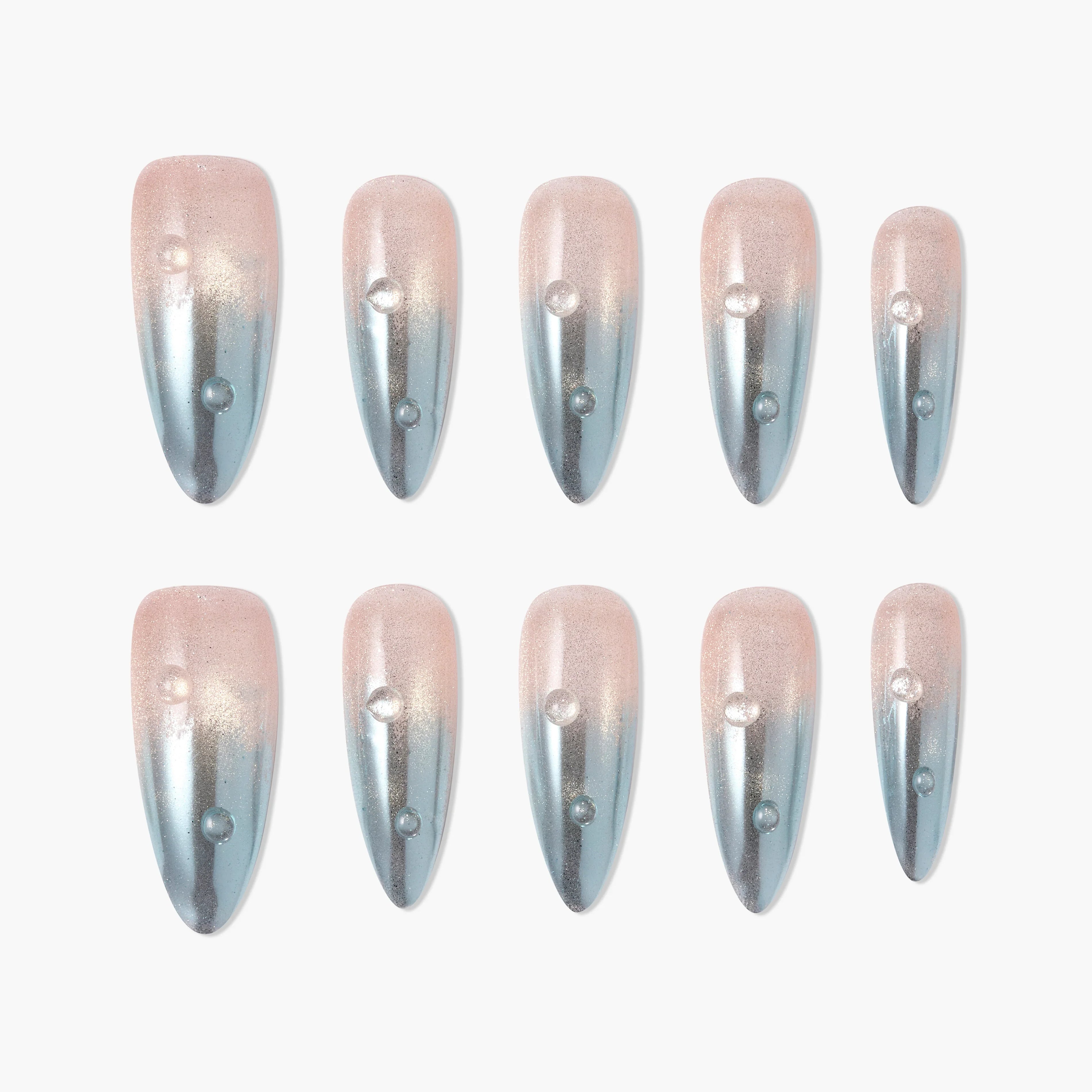 Set of long pink and silver ombre press-on nails with glossy finish and pearl accents