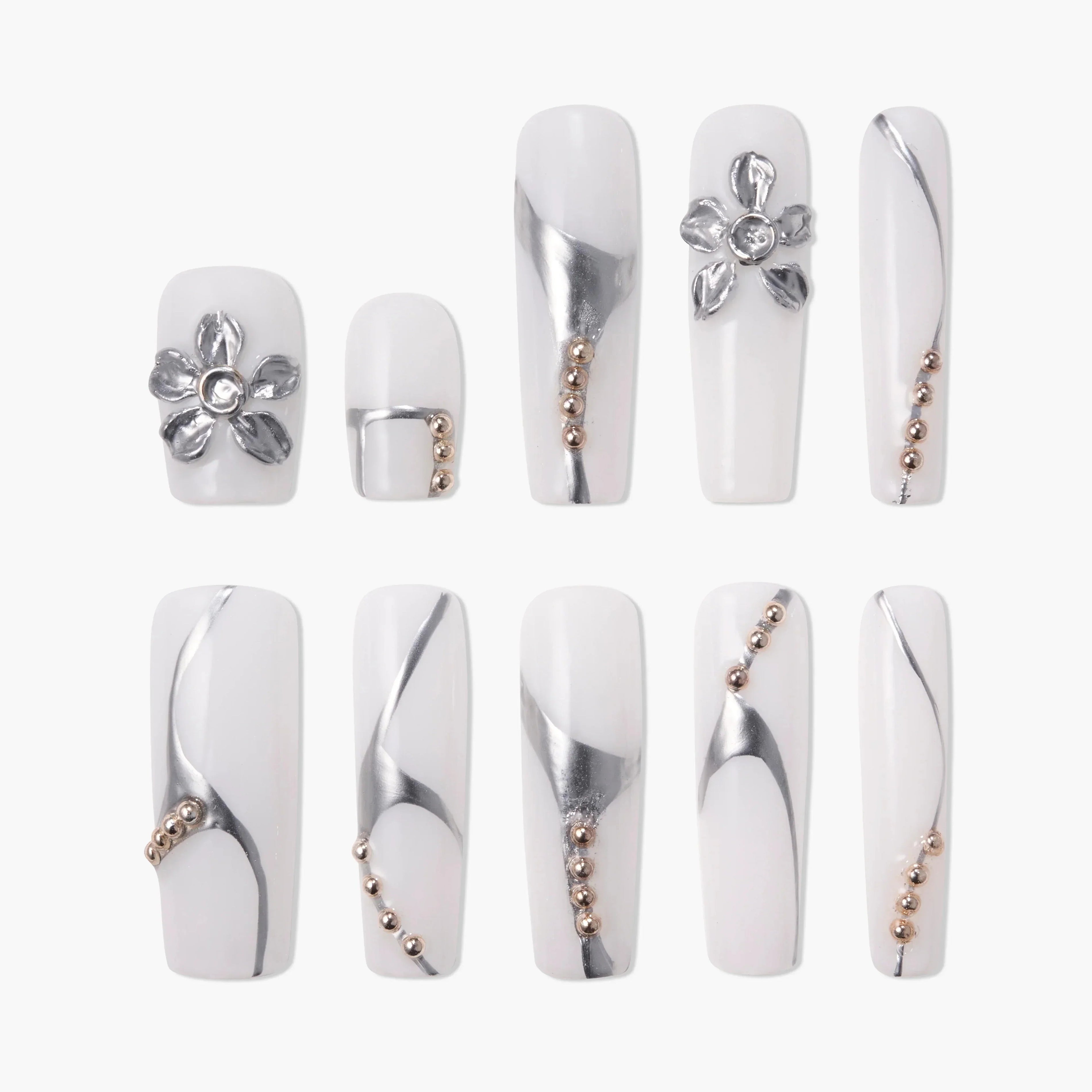 White press-on nails with silver metallic accents, 3D flower and bead details, elegant design