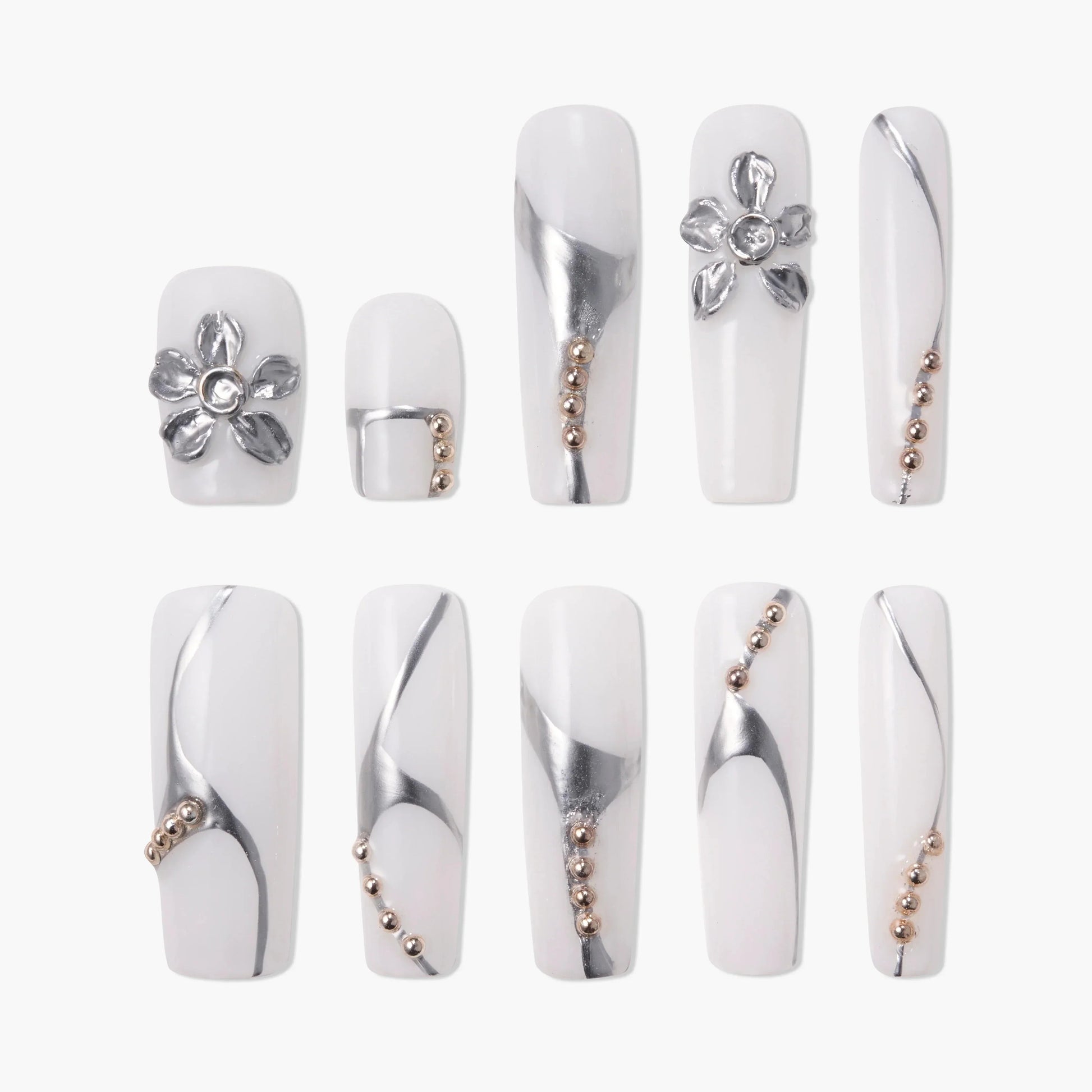 White press-on nails with silver metallic accents, 3D flower and bead details, elegant design