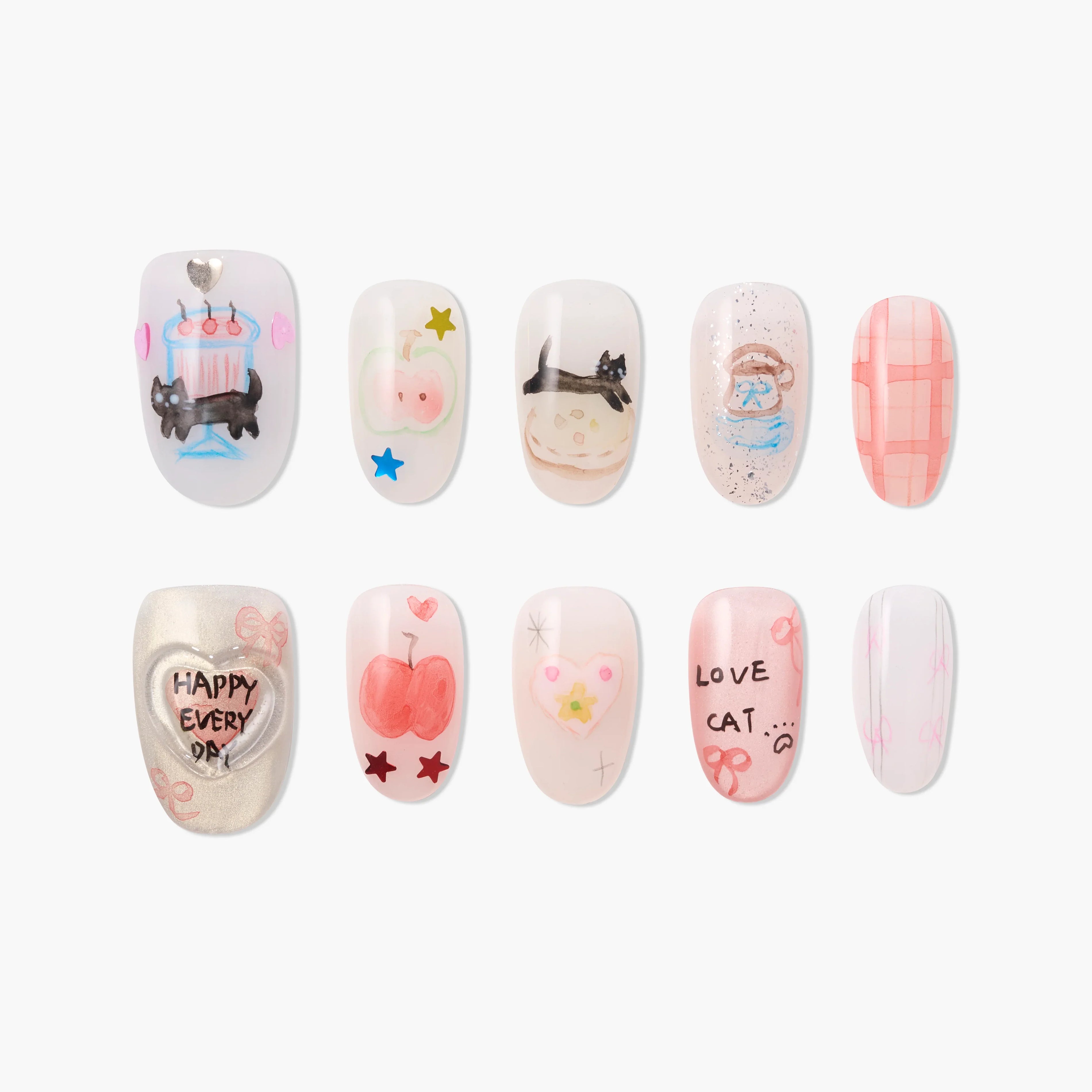 Handmade press-on nails with cute cat, heart, cherry, and plaid designs in pastel colors
