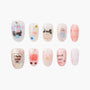 Handmade press-on nails with cute cat, heart, cherry, and plaid designs in pastel colors