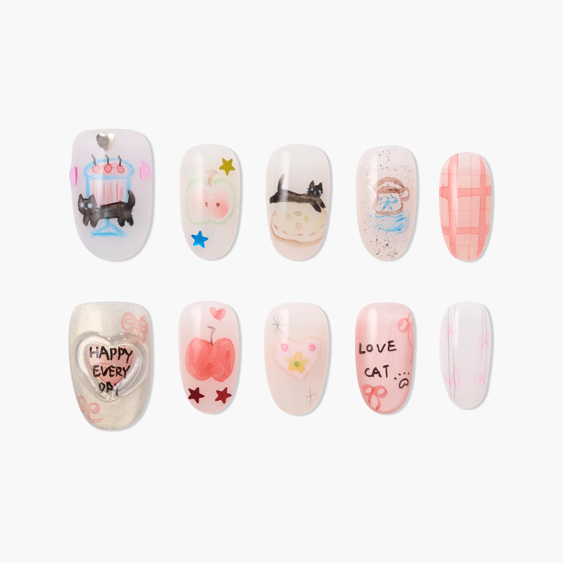 Handmade press-on nails with cute cat, heart, cherry, and plaid designs in pastel colors