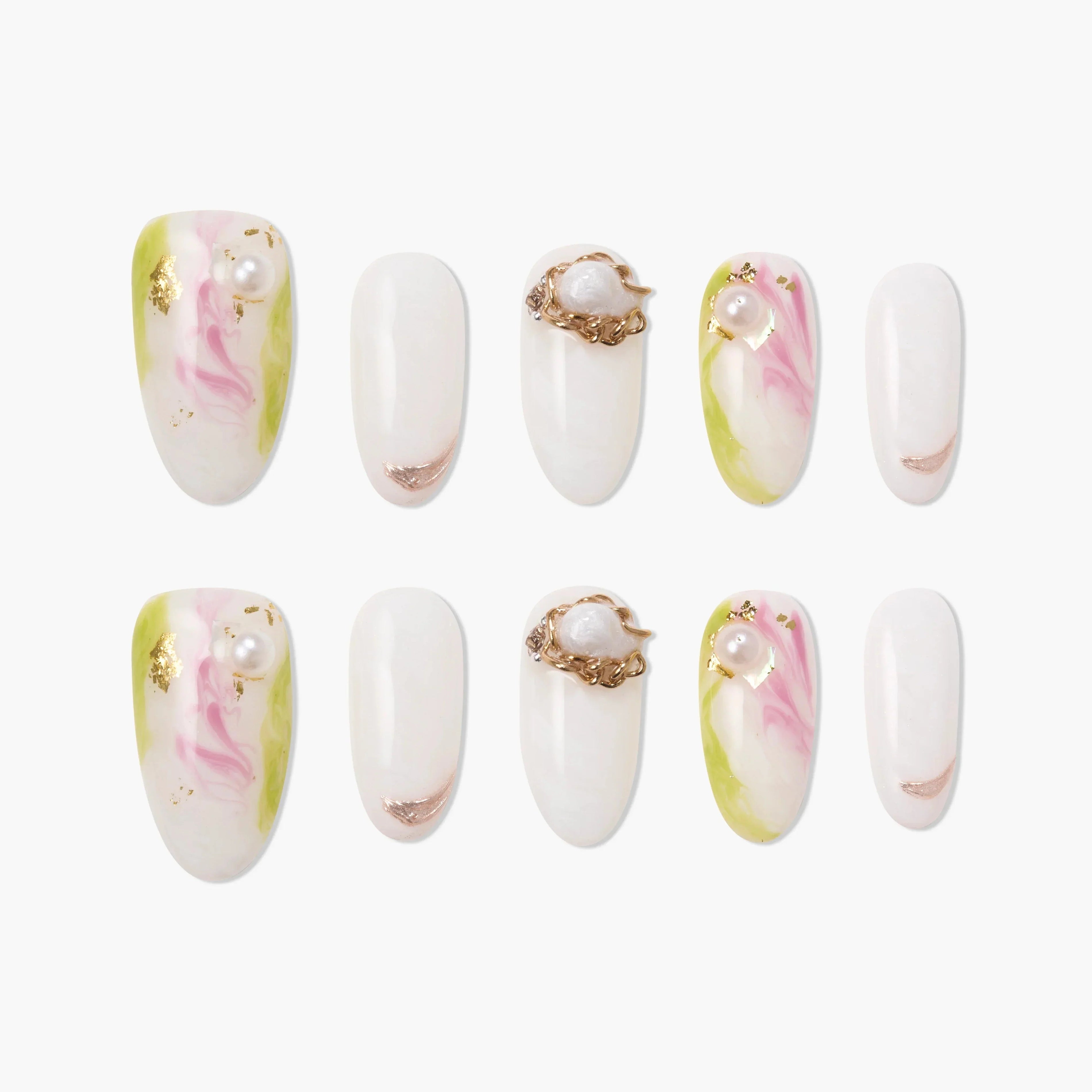 Handmade press-on nails with pink and green marble, gold foil, and pearl accents on white base