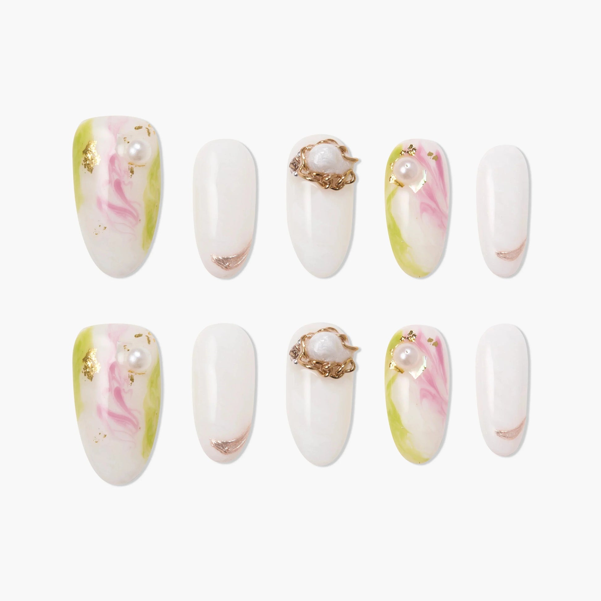 Handmade press-on nails with pink and green marble, gold foil, and pearl accents on white base