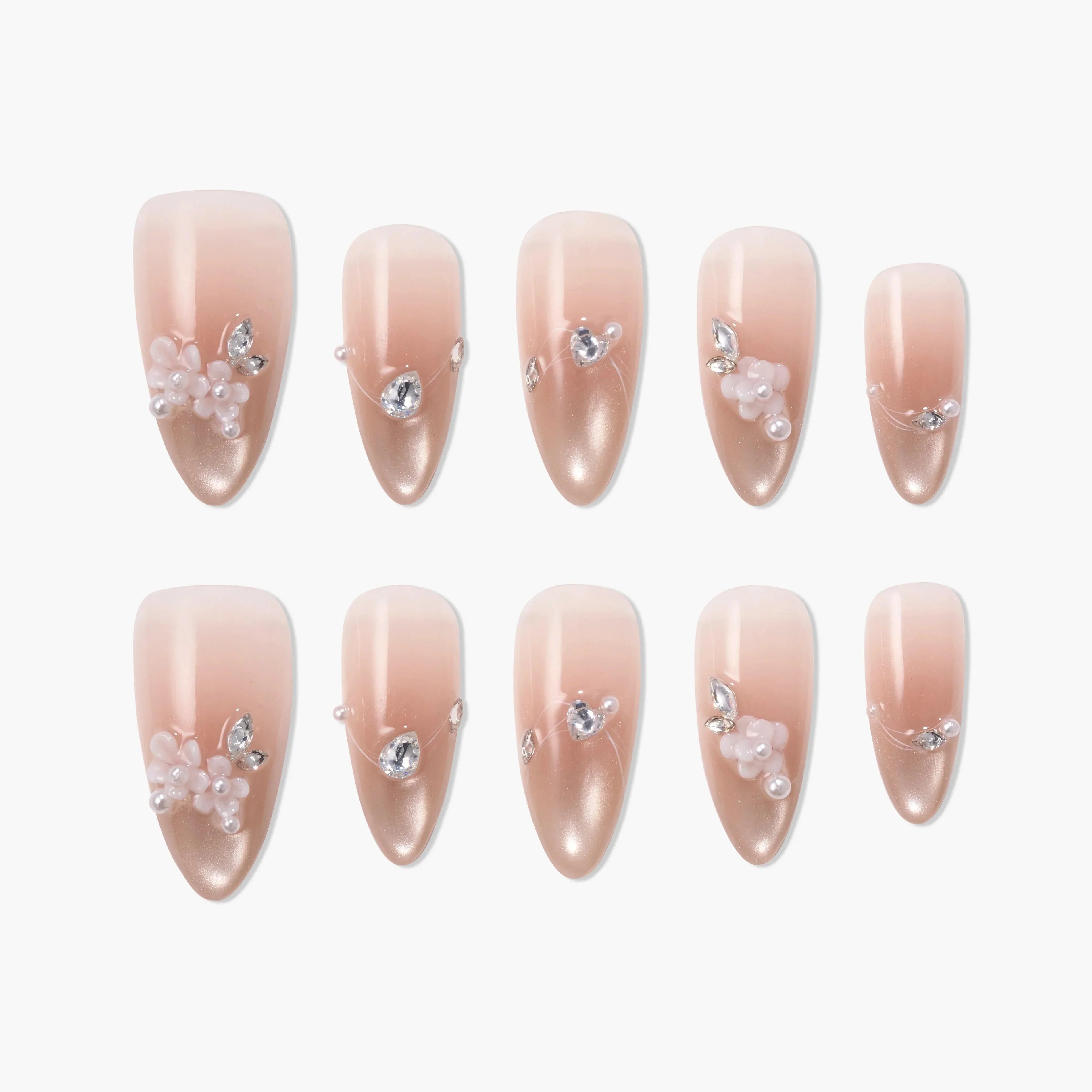 Pink ombre press-on nails with pearl and rhinestone 3D accents, elegant nail art set