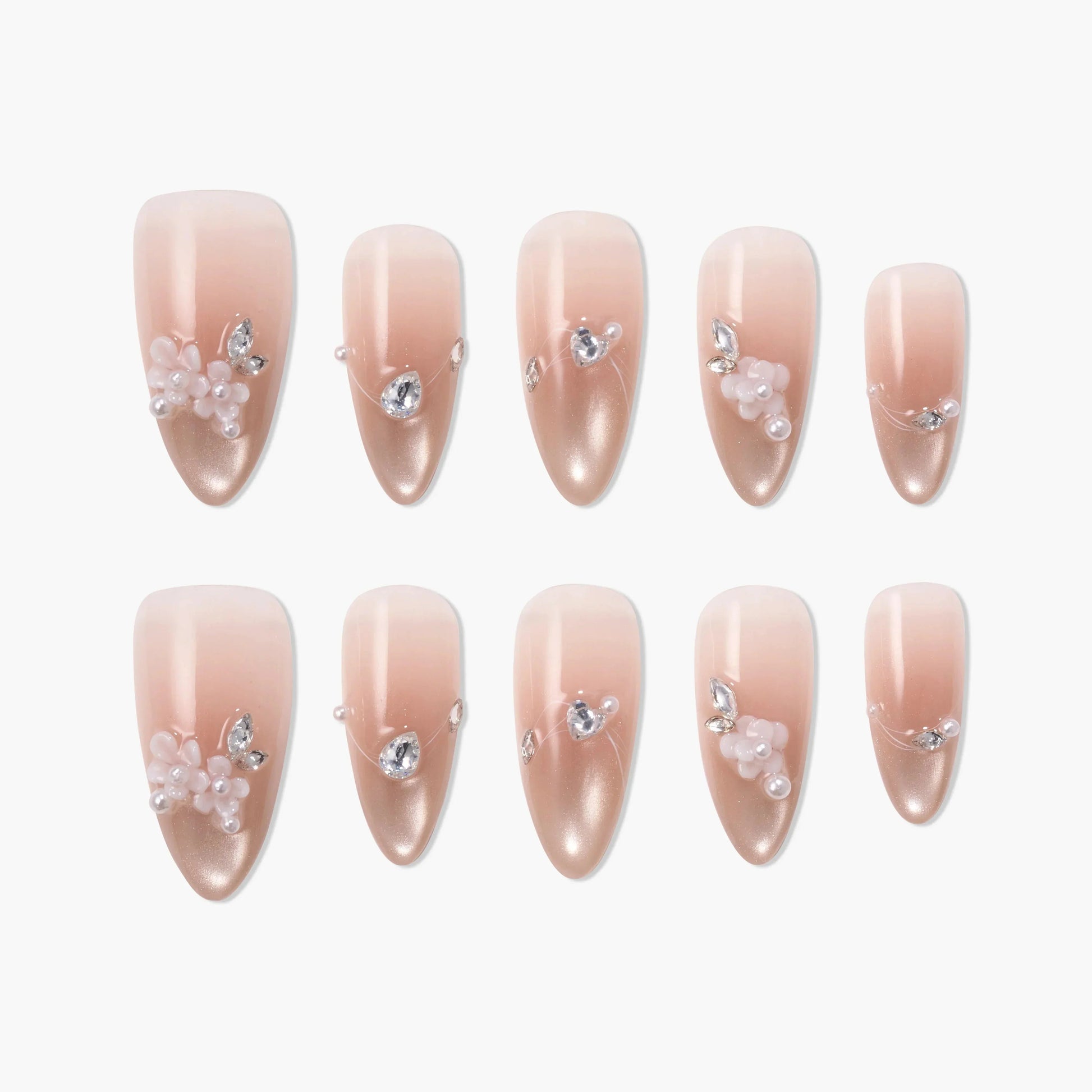 Pink ombre press-on nails with pearl and rhinestone 3D accents, elegant nail art set