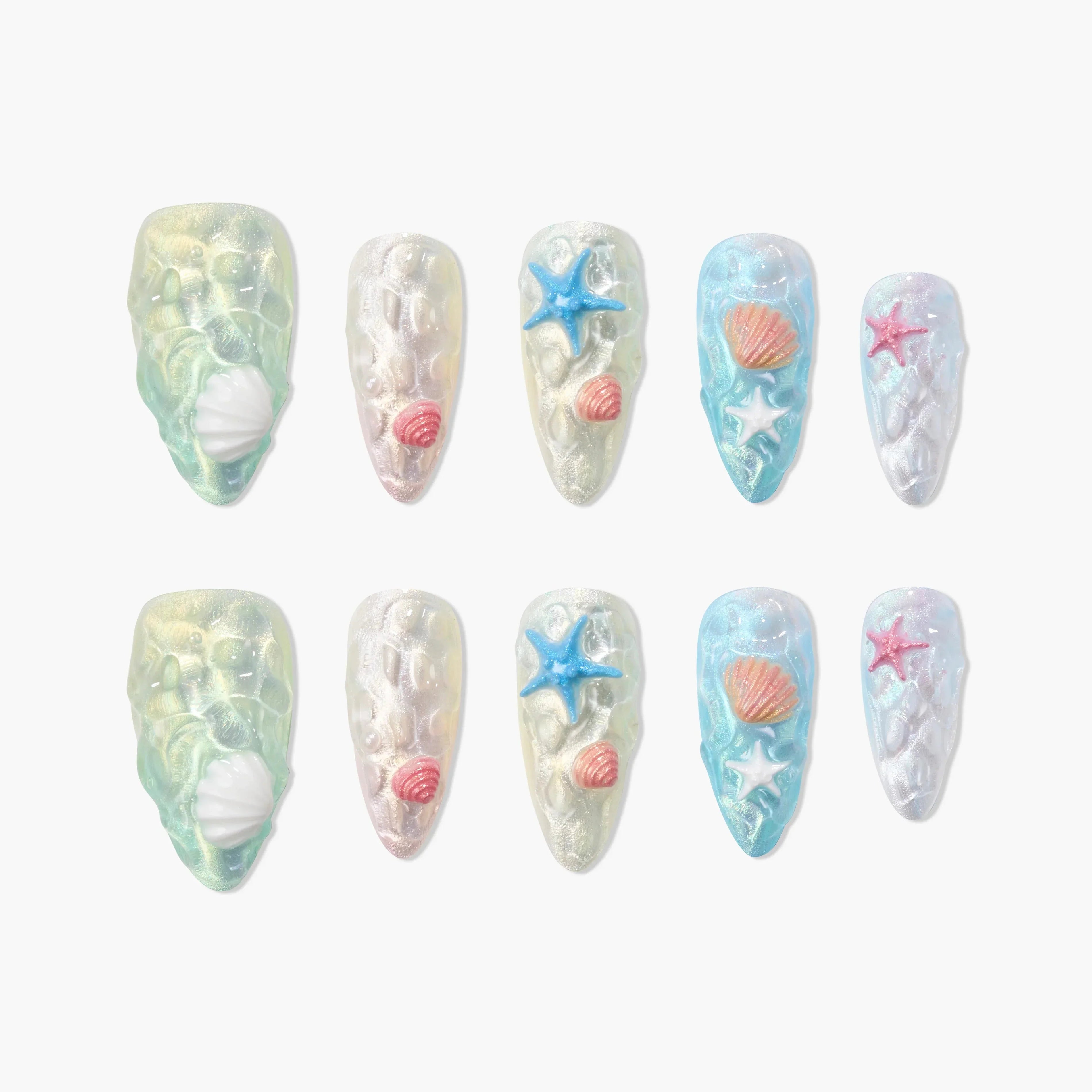 Colorful handmade press-on nails with 3D seashell and starfish designs, ocean theme