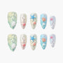 Colorful handmade press-on nails with 3D seashell and starfish designs, ocean theme