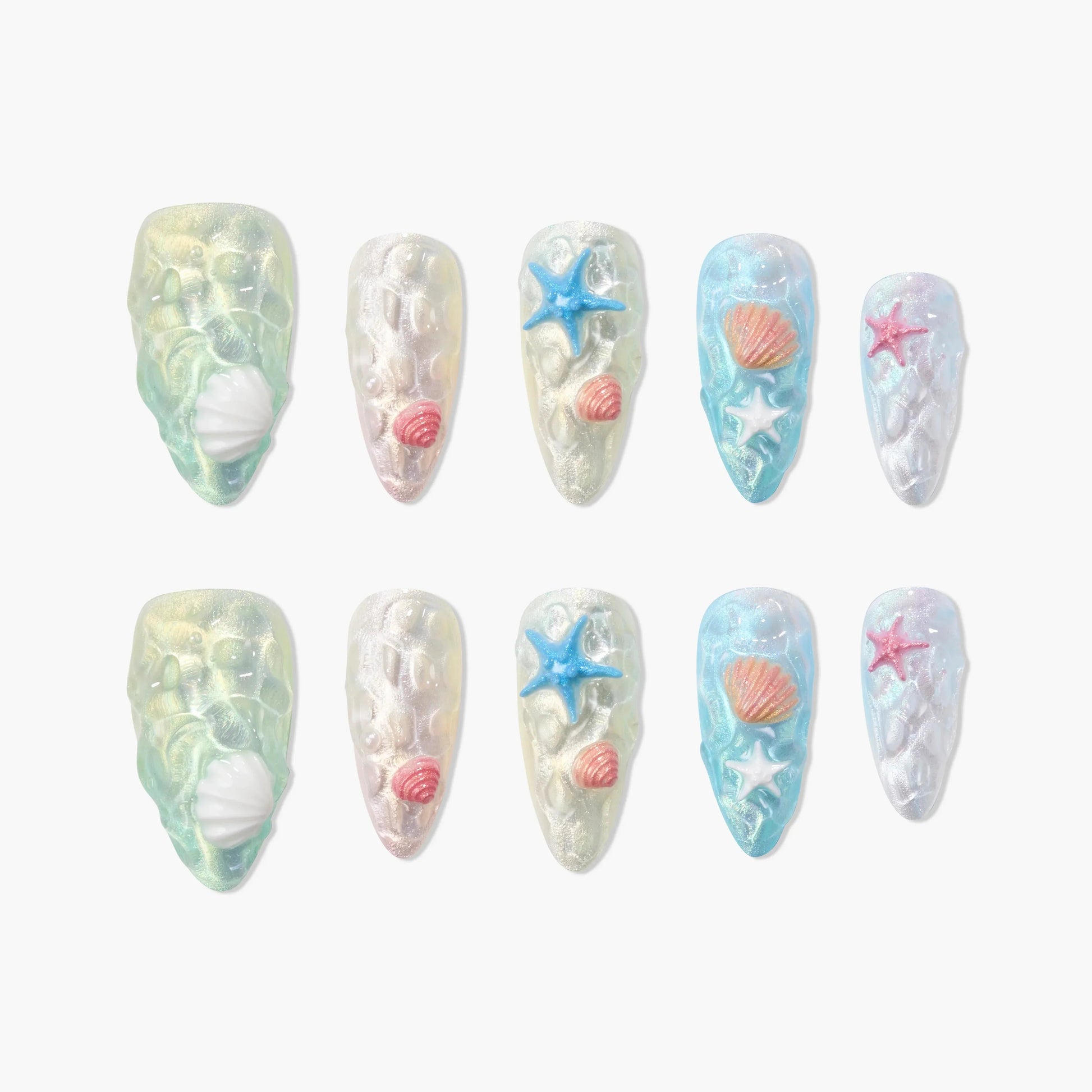 Colorful handmade press-on nails with 3D seashell and starfish designs, ocean theme