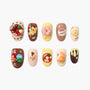 Handmade press-on nails with cute dessert and chocolate designs, 3D decorations, colorful details