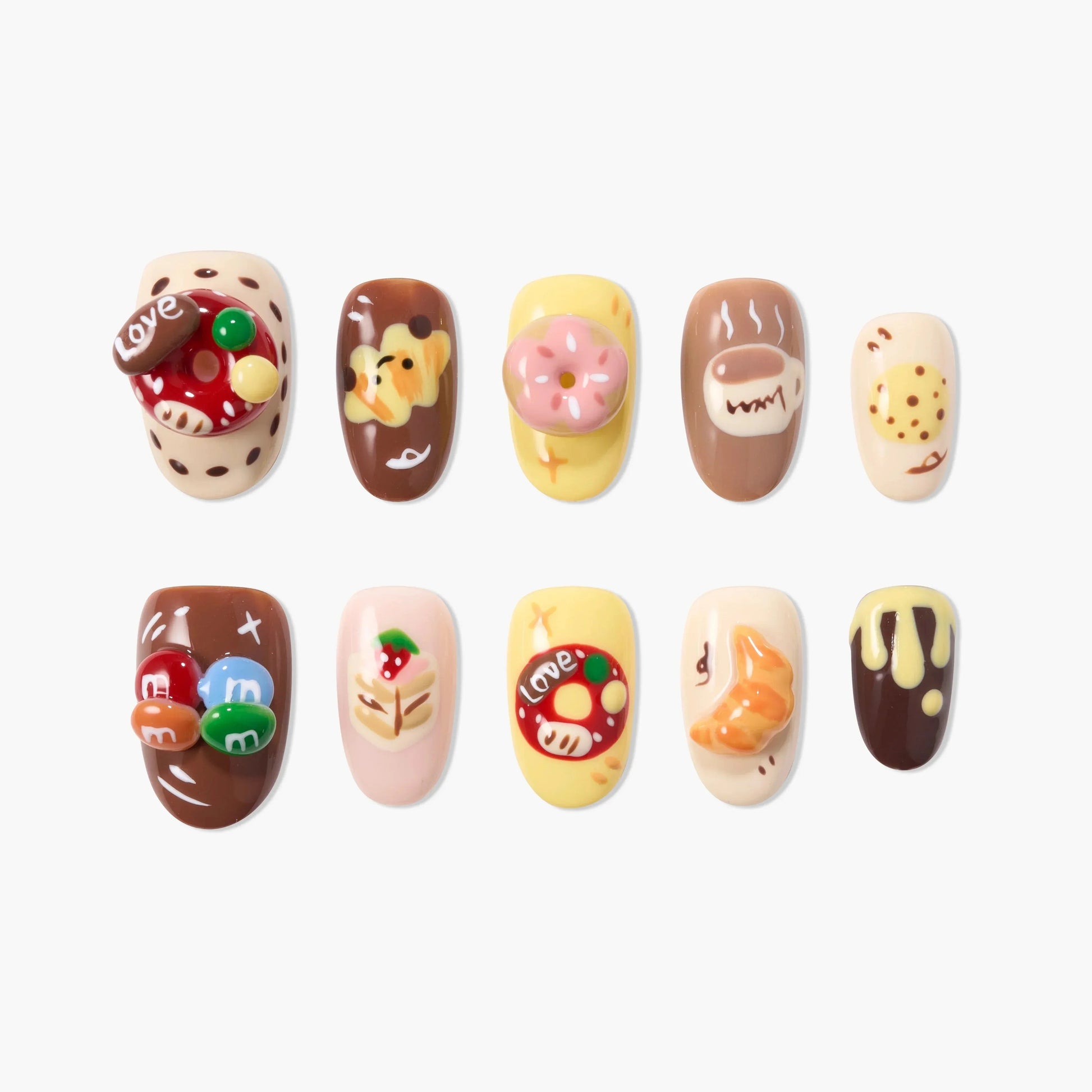 Handmade press-on nails with cute dessert and chocolate designs, 3D decorations, colorful details