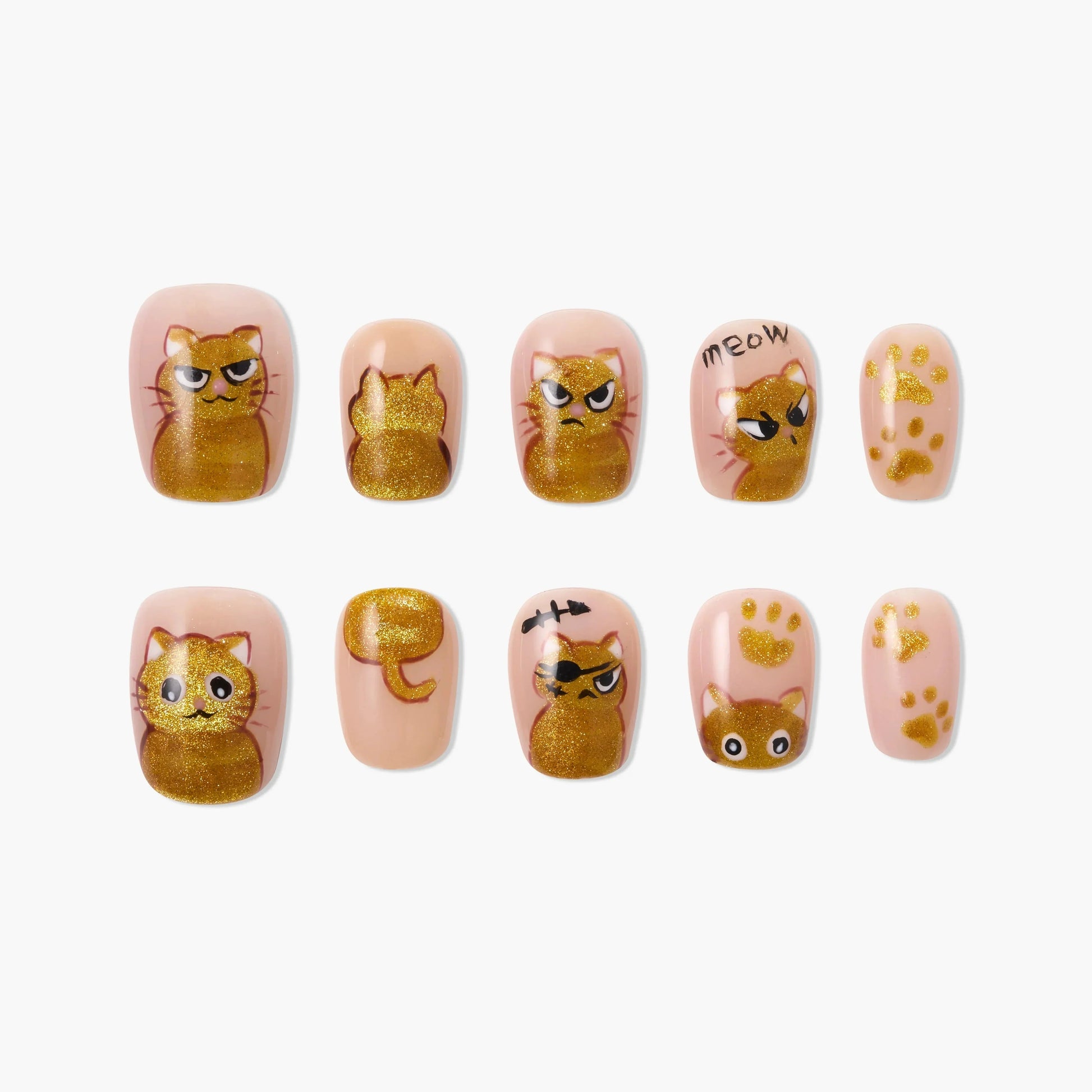 Handmade press-on nails with gold glitter cat designs and paw prints on nude background