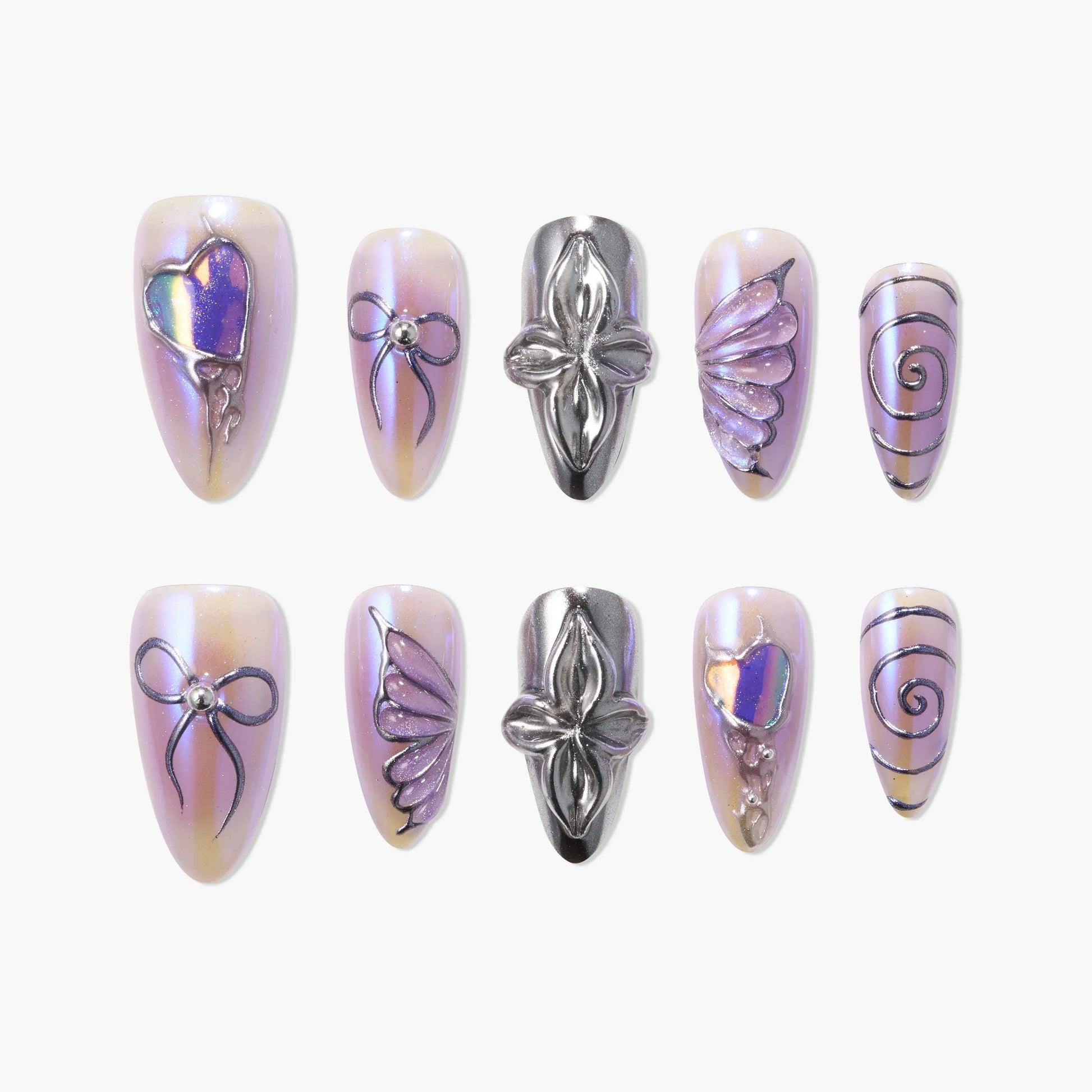 Iridescent purple press-on nails with 3D metallic bows, hearts, swirls, and butterfly designs