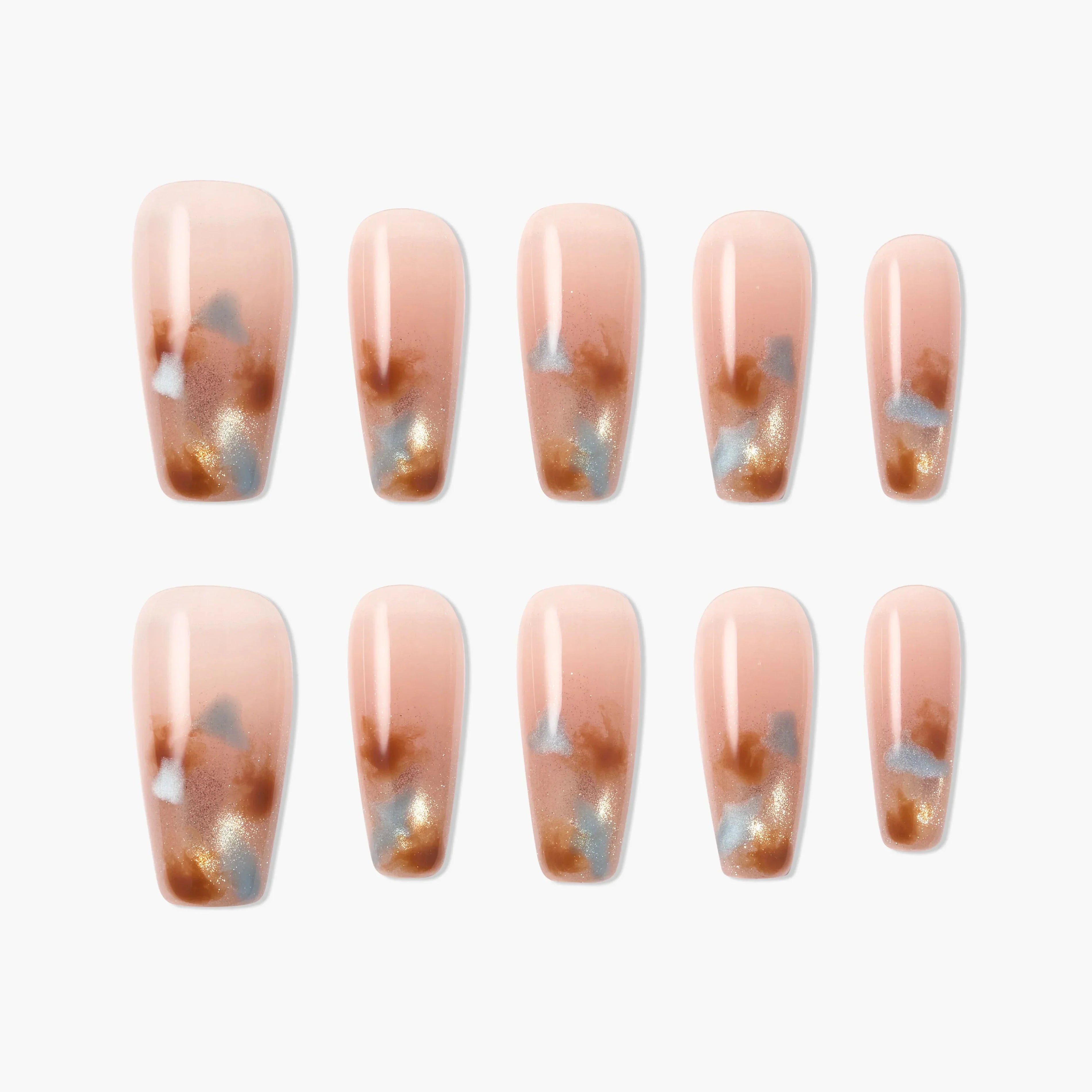 Handmade press-on nails with nude base and brown, blue, and gold marbled design