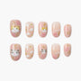 Handmade press-on nails with cat faces, floral designs, and pink nude base, kawaii style