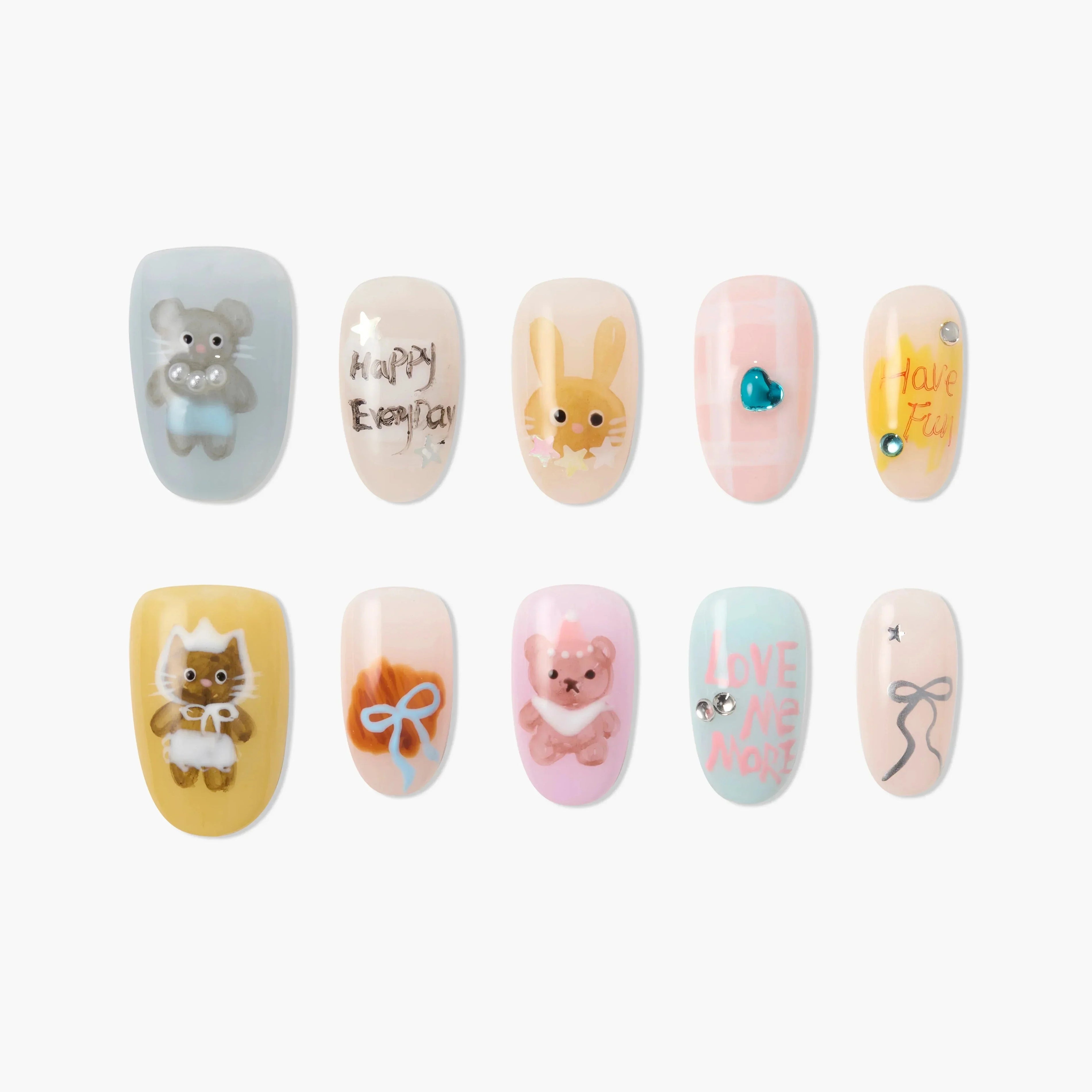 Handmade press-on nails with cute animal designs, playful text, and colorful embellishments.