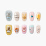 Handmade press-on nails with cute animal designs, playful text, and colorful embellishments.