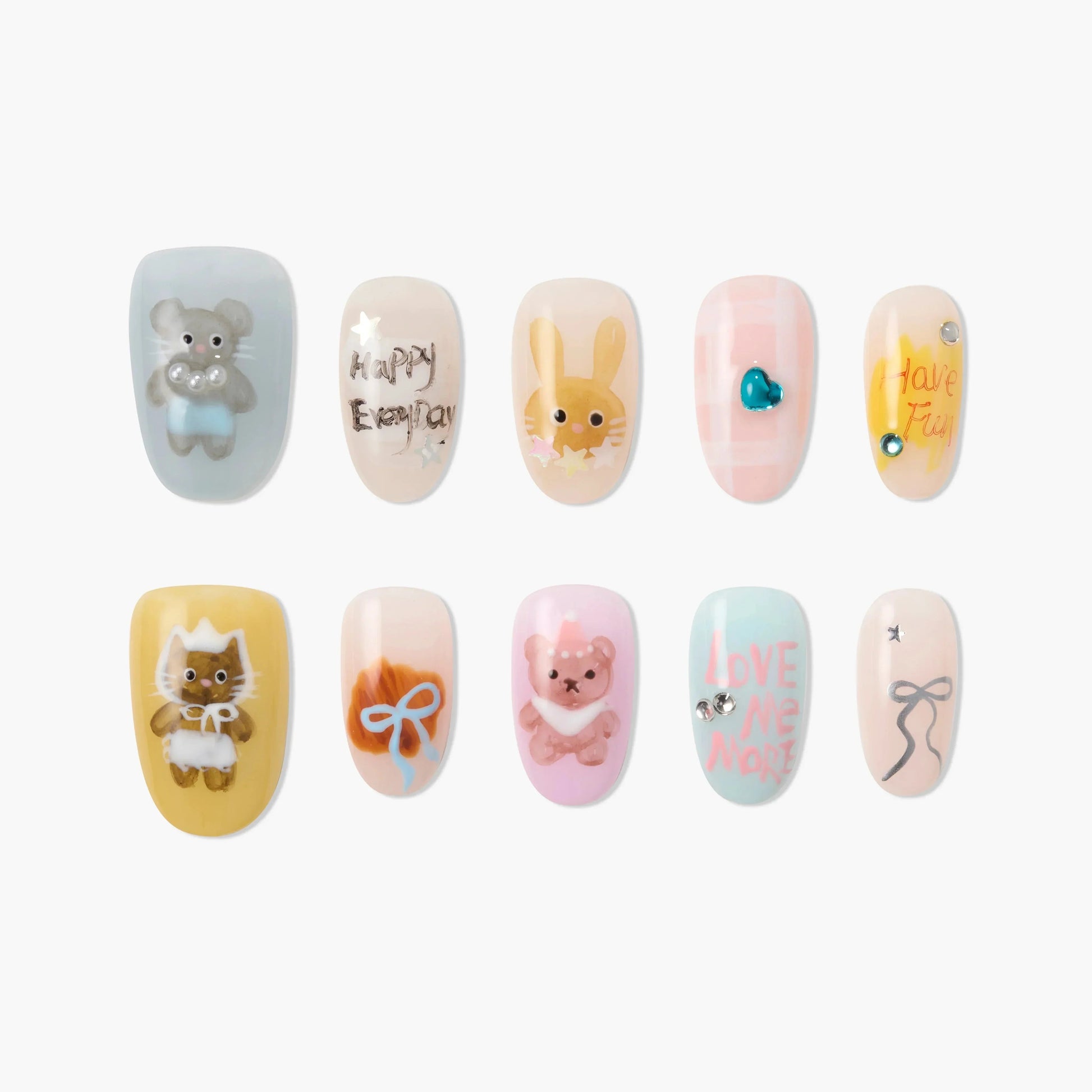 Handmade press-on nails with cute animal designs, playful text, and colorful embellishments.