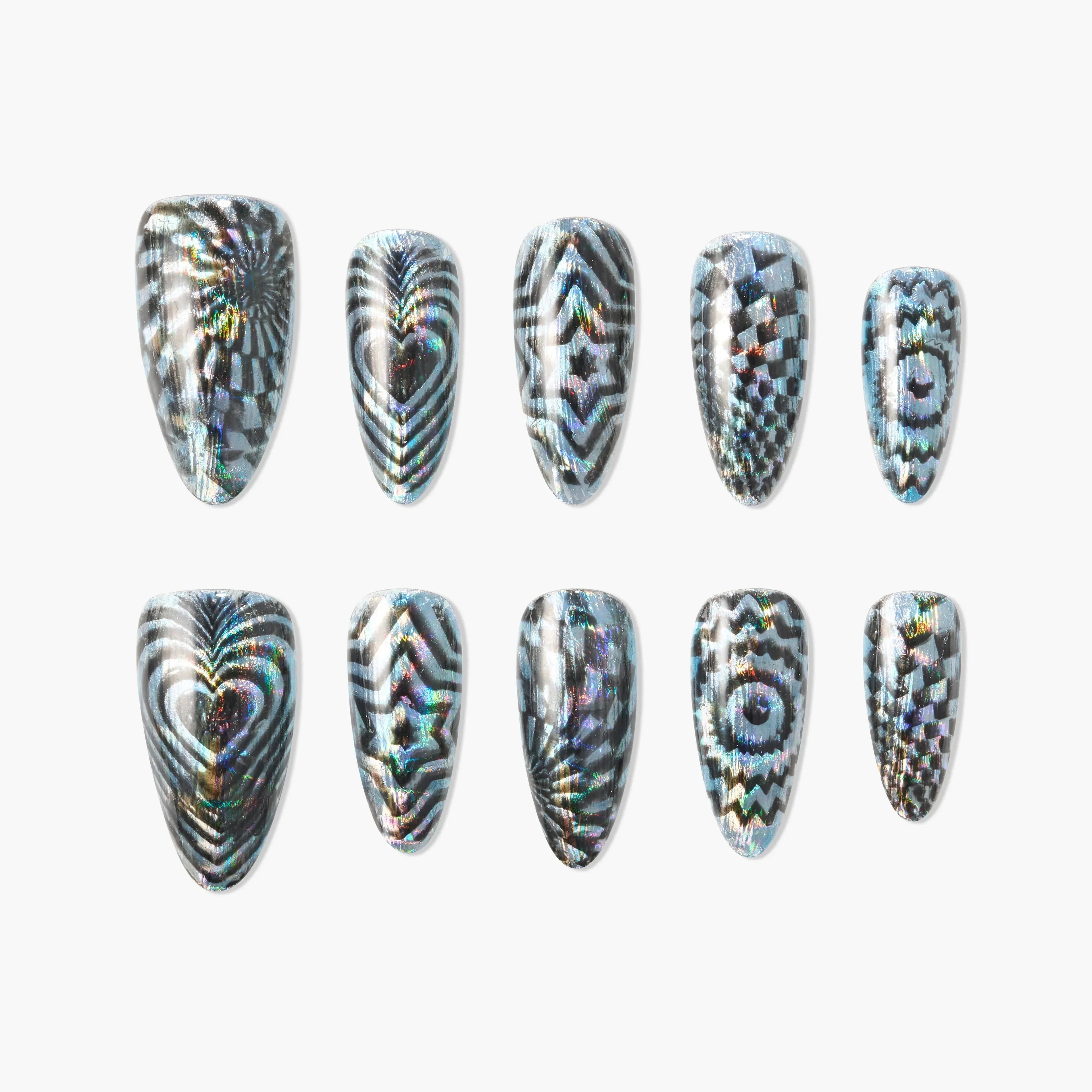 Handmade press-on nails with iridescent black and silver geometric and checkered designs