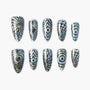 Handmade press-on nails with iridescent black and silver geometric and checkered designs