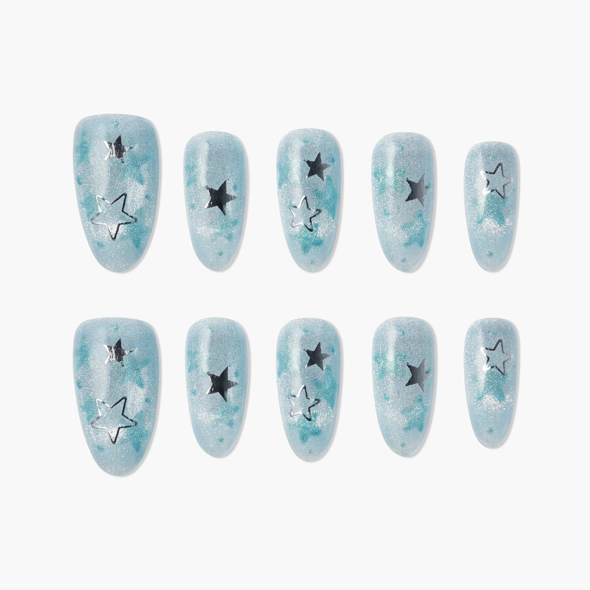 Blue glitter press-on nails with black and silver star designs, set of ten on white background