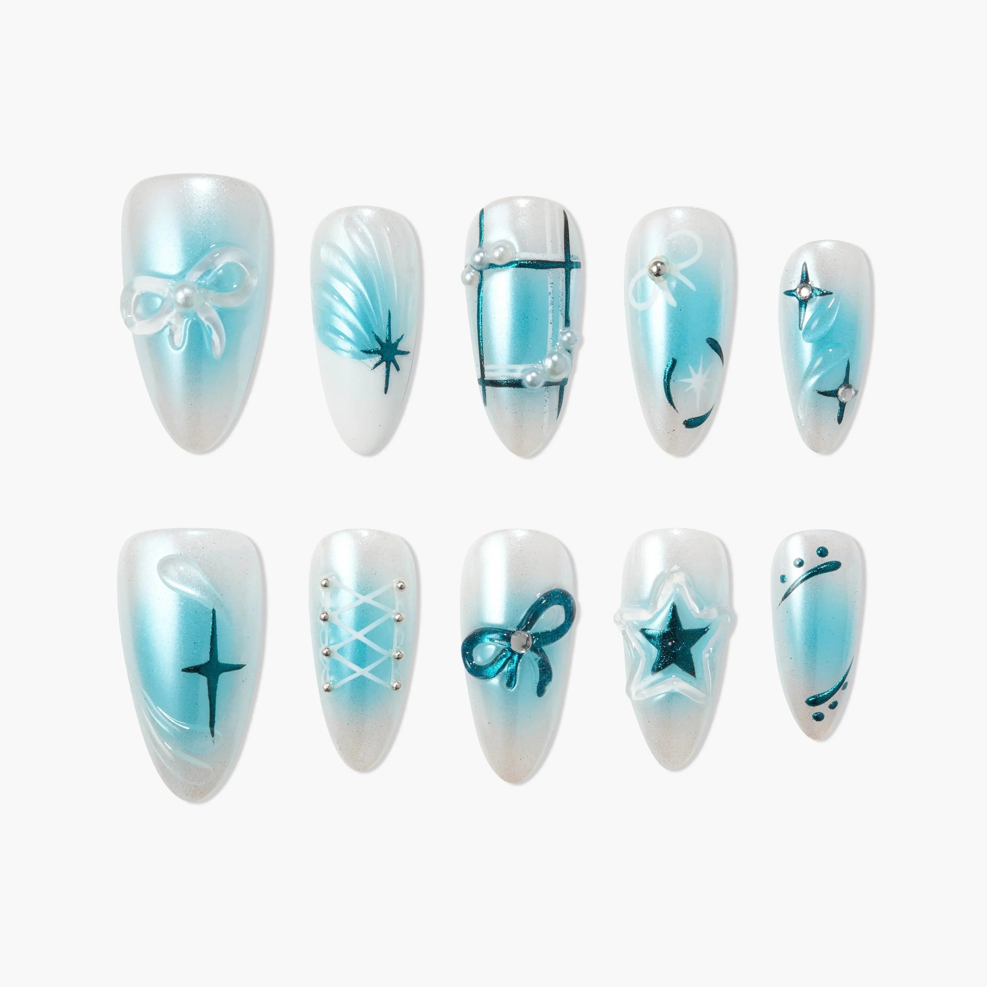 Blue and white press-on nails with ribbon, star, and pearl accent designs, elegant nail art set.