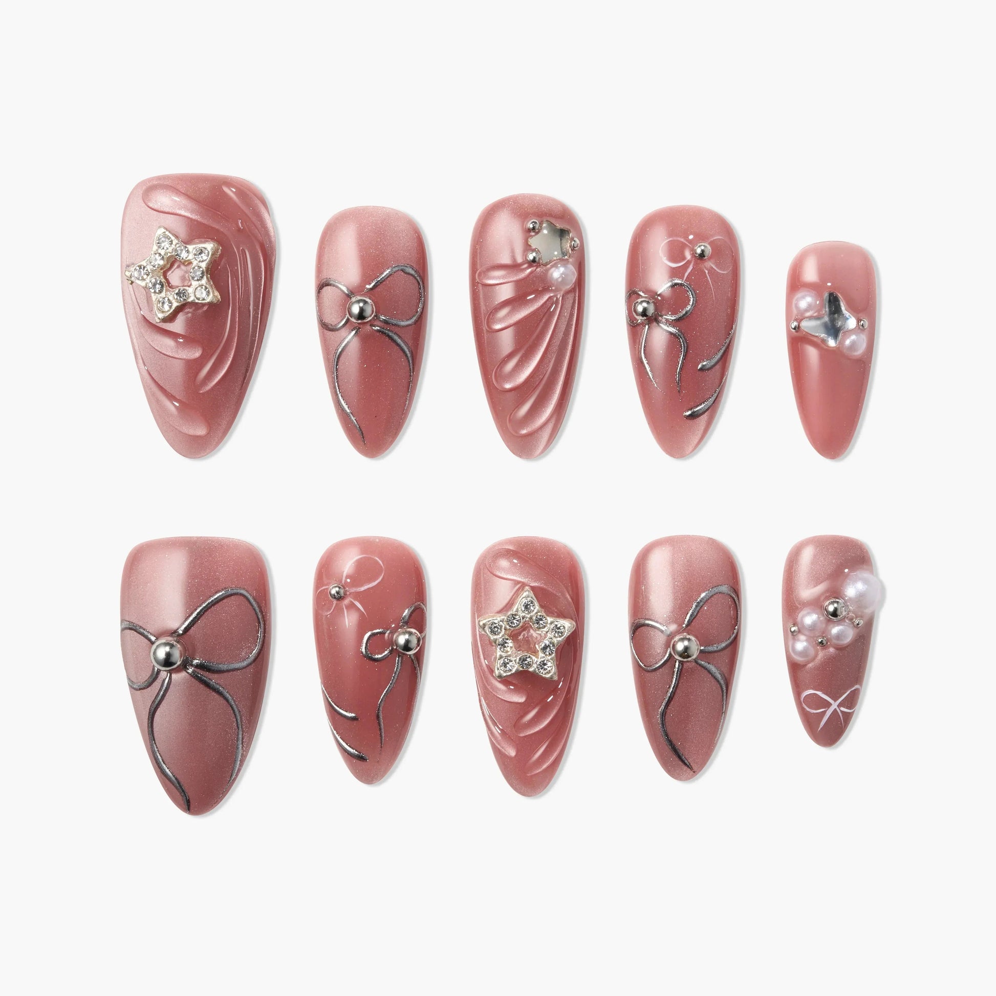 Handmade pink press-on nails with 3D bows, pearls, and star rhinestone accents, glossy finish