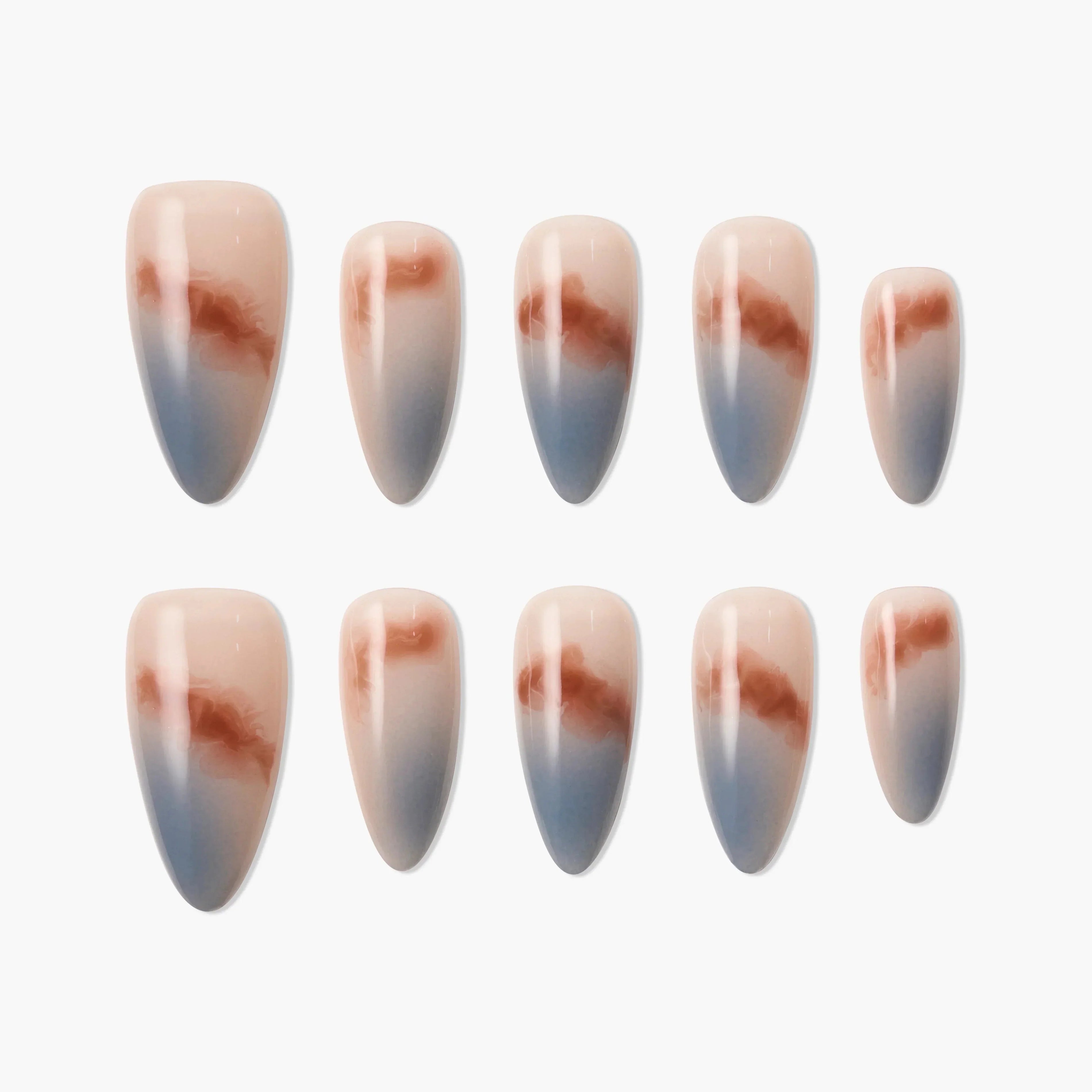 Set of handmade almond-shaped press-on nails with beige, blue, and brown marble design
