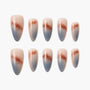 Set of handmade almond-shaped press-on nails with beige, blue, and brown marble design