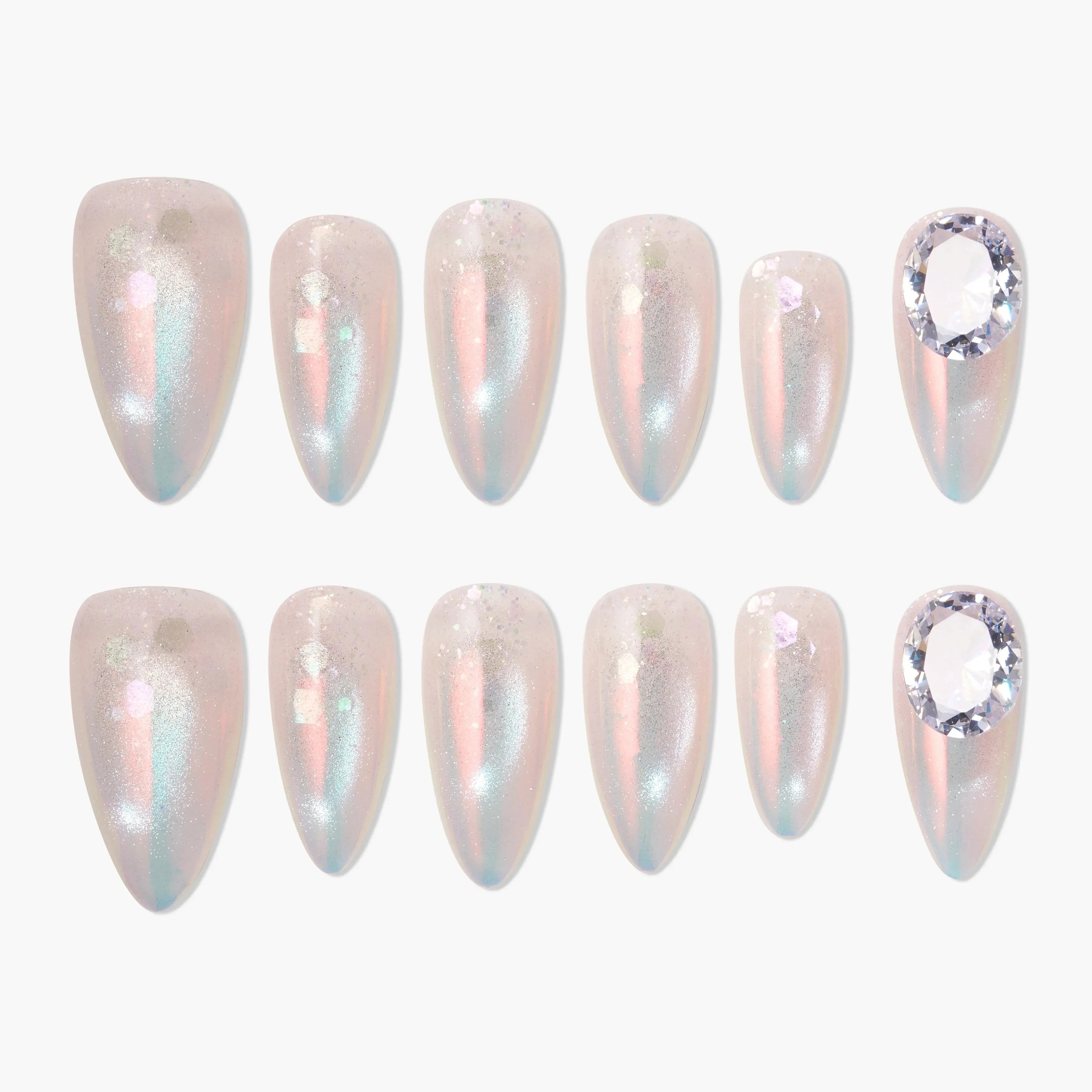 Iridescent almond-shaped press-on nails with shimmer and crystal gem accent nail