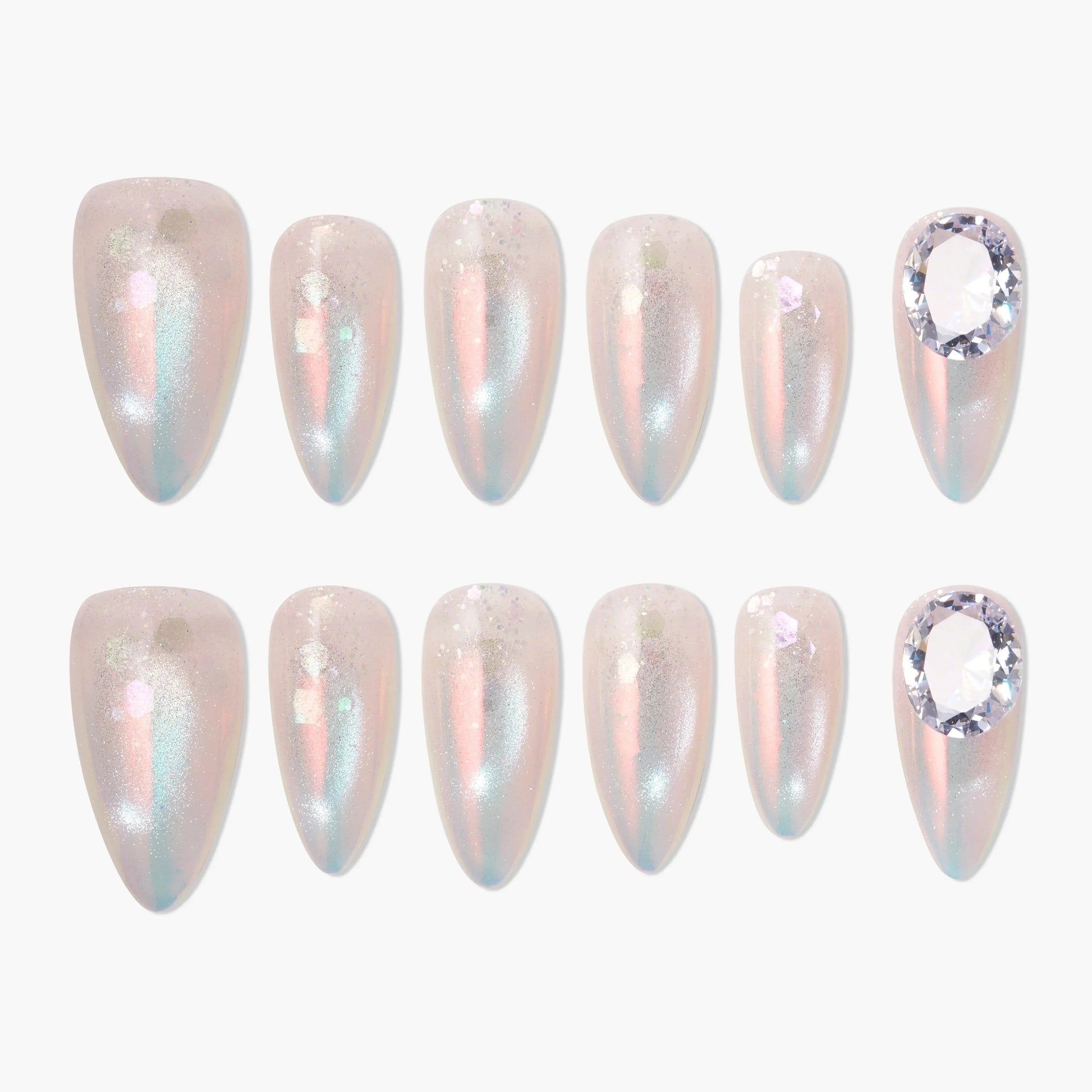 Iridescent almond-shaped press-on nails with shimmer and crystal gem accent nail