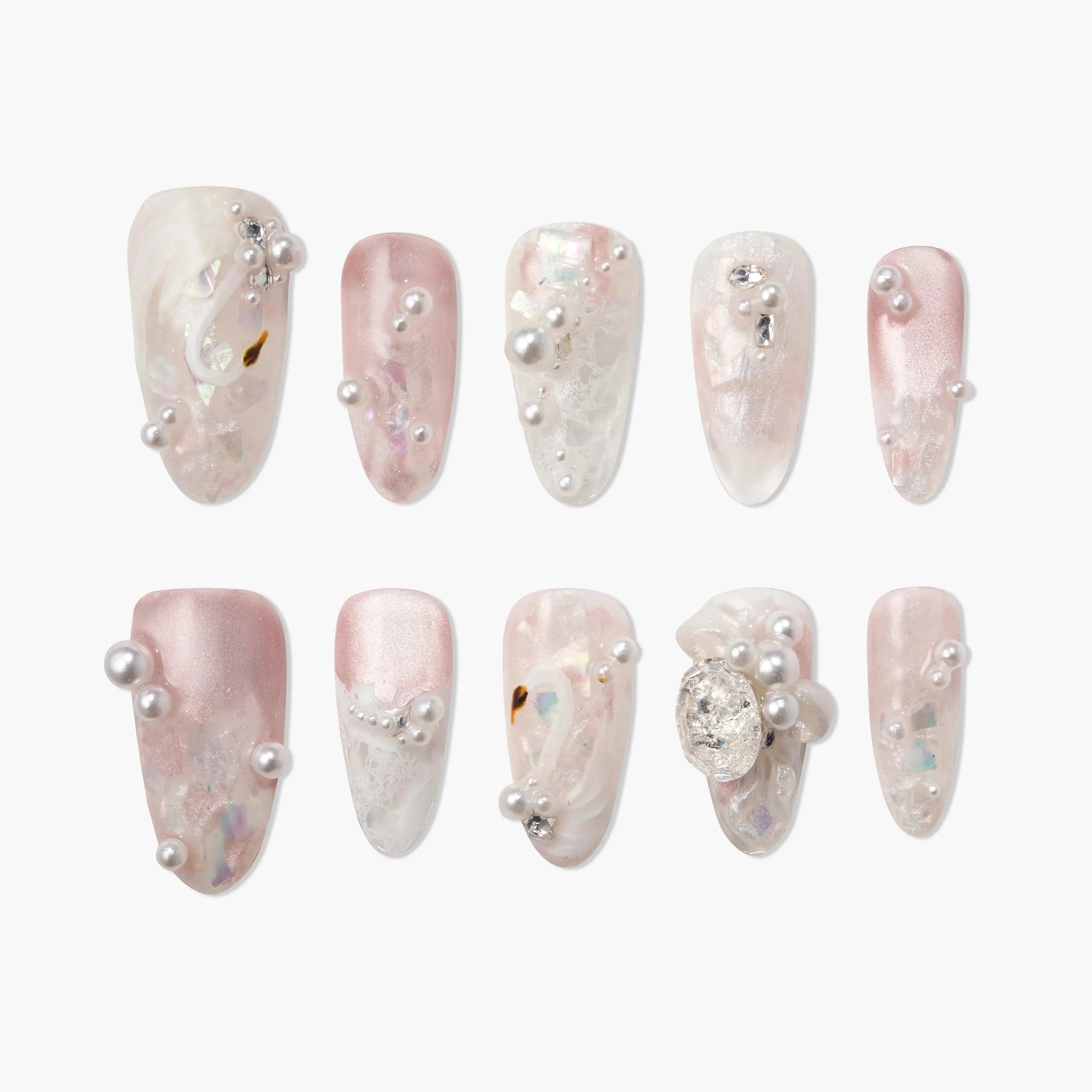 Handmade press-on nails in pink and pearl with 3D gem and iridescent accents