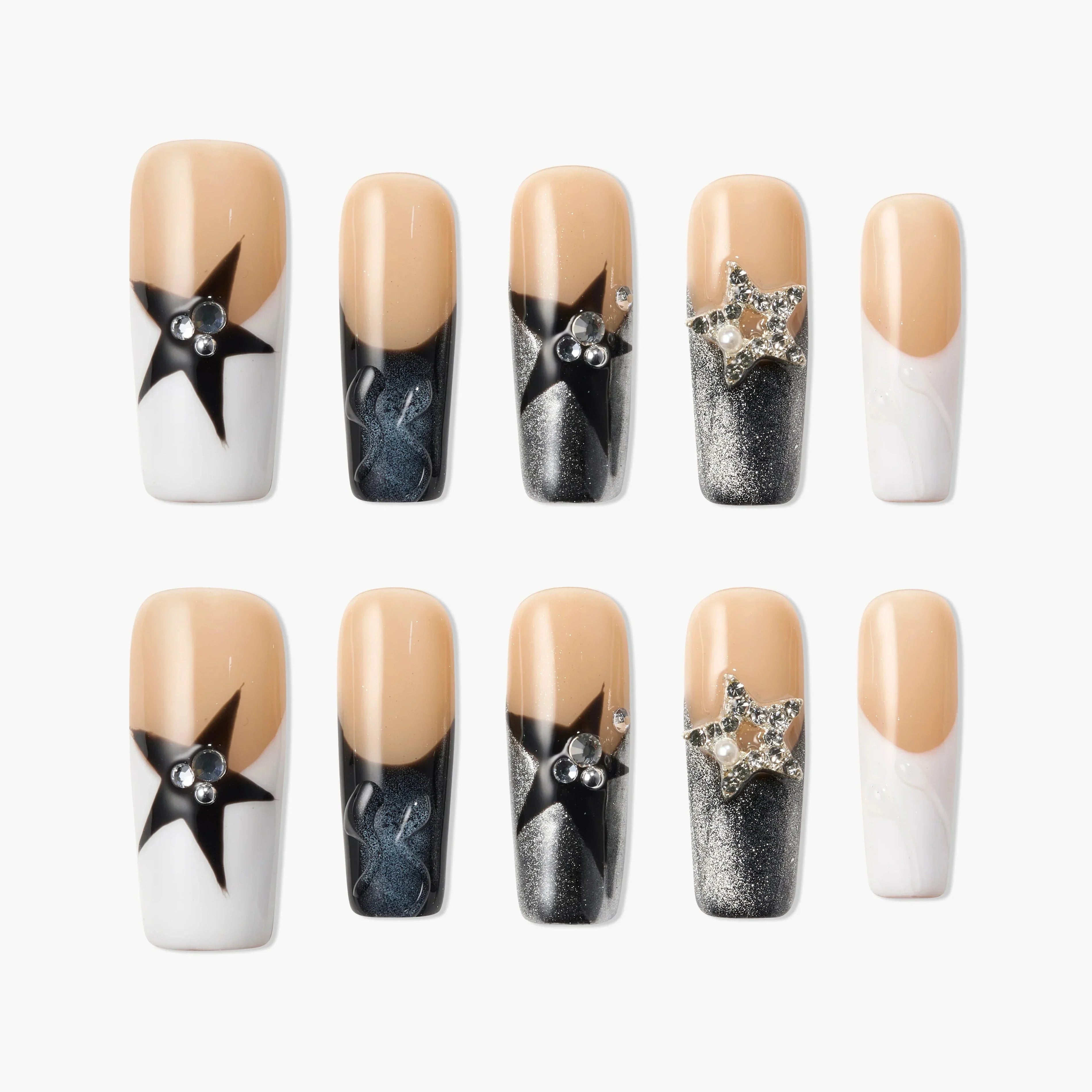 Handmade press-on nails with black stars, pearls, and glitter, nude and white color mix