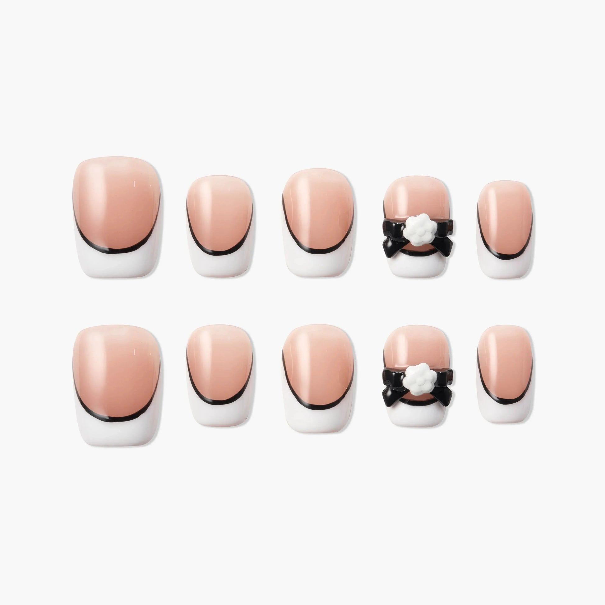 Handmade nude and white French tip press-on nails with black ribbon and 3D bow accents