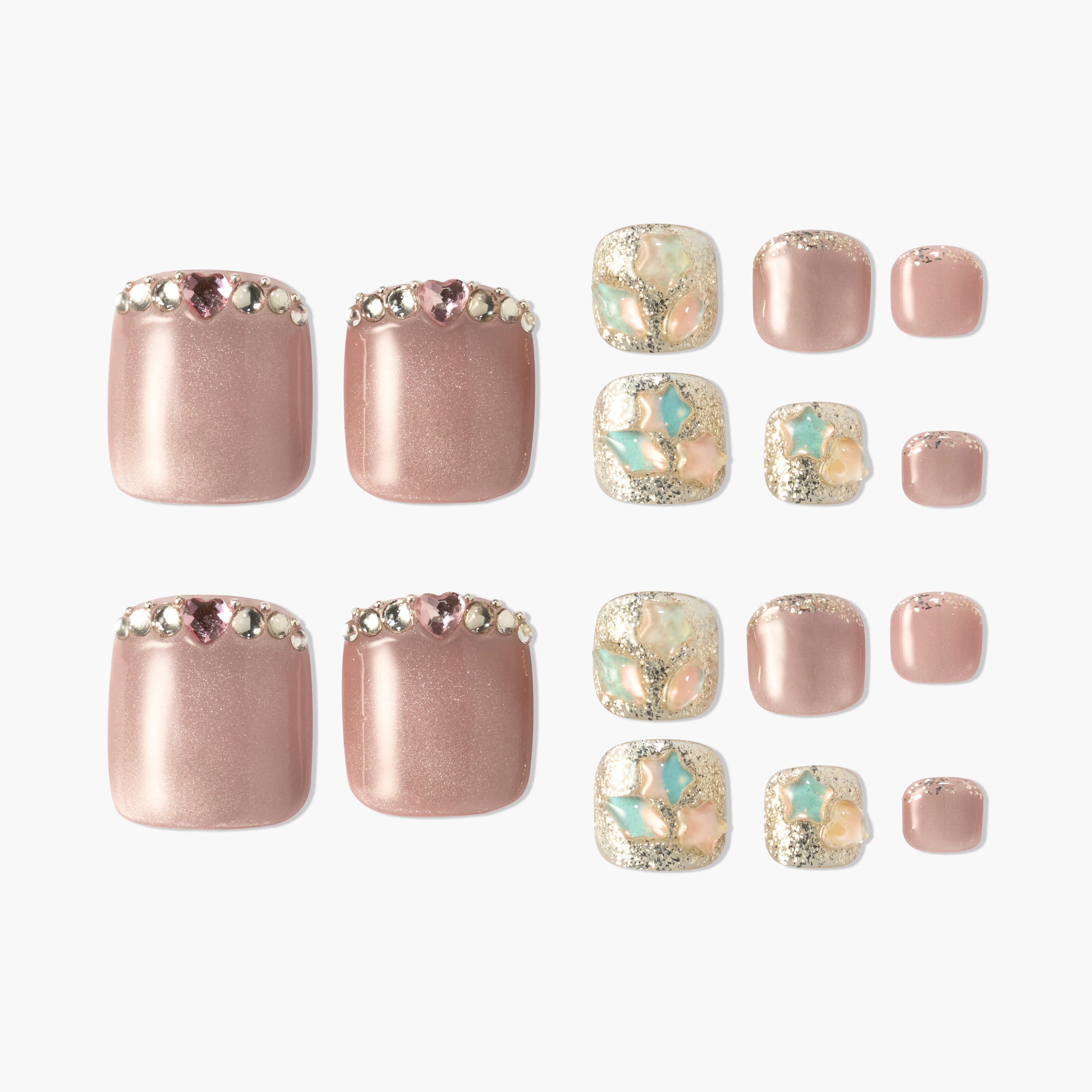 Handmade press-on toenails in nude pink with rhinestones and glitter pastel floral accents