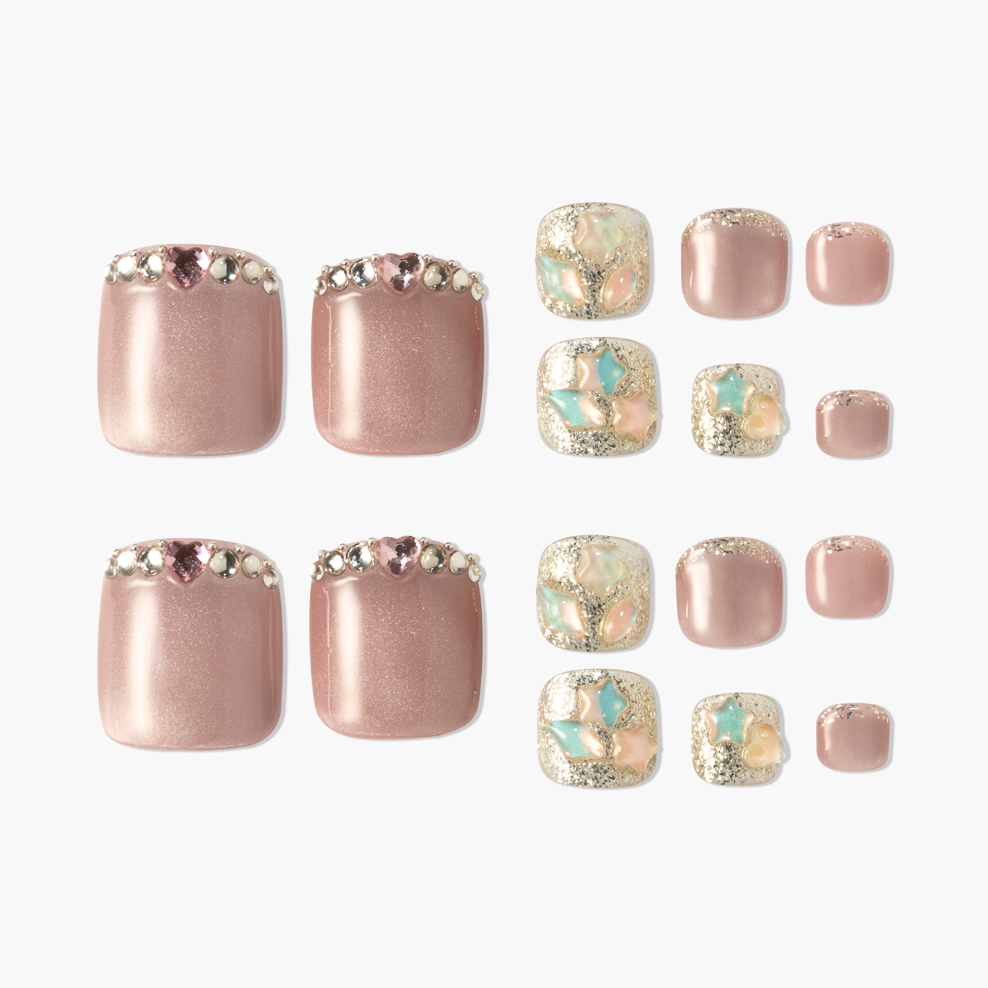 Handmade press-on toenails in nude pink with rhinestones and glitter pastel floral accents